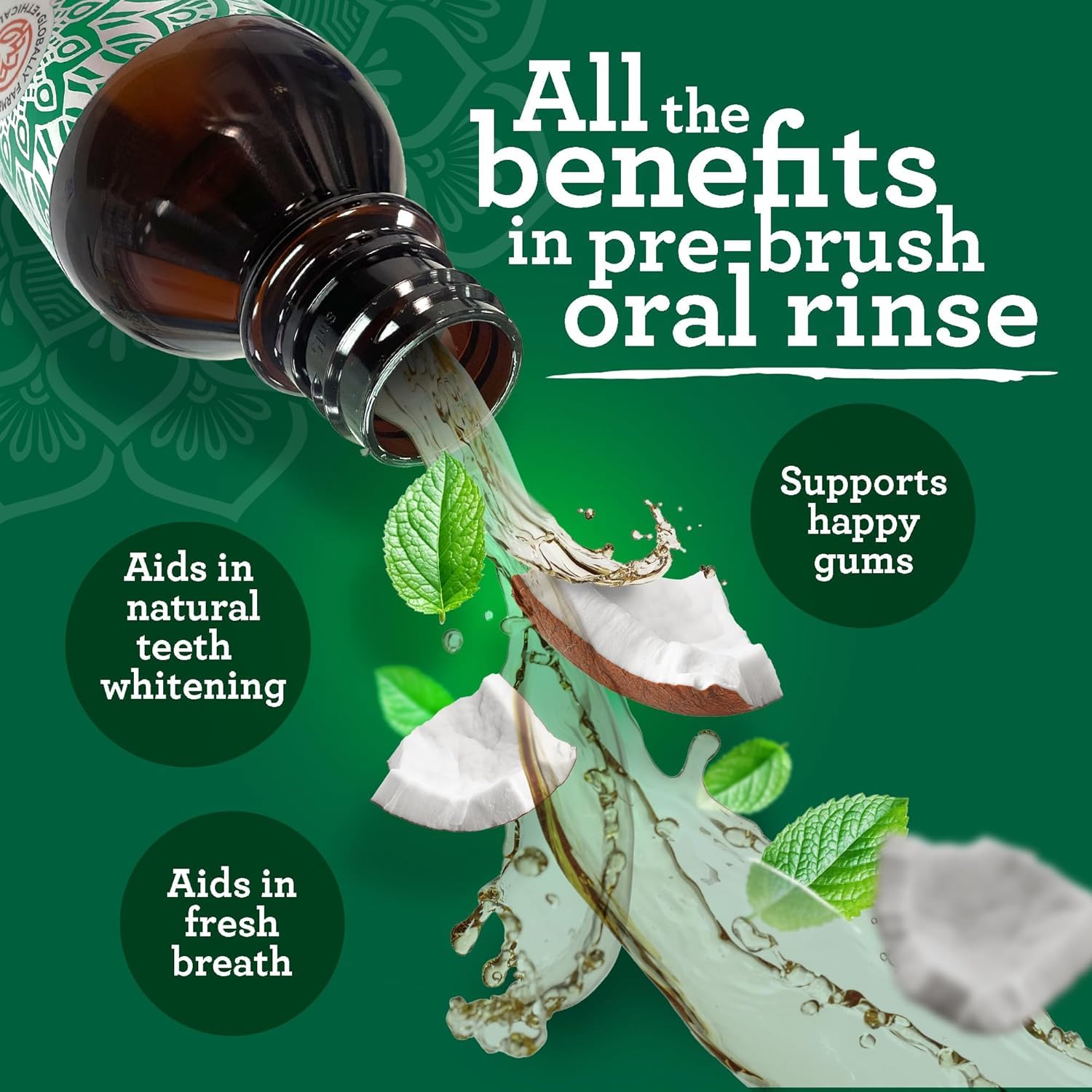 GuruNanda Starter Pulling Oil Mouthwash – Natural Teeth Whitening, Coconut & Peppermint, Alcohol-Free, 8 oz