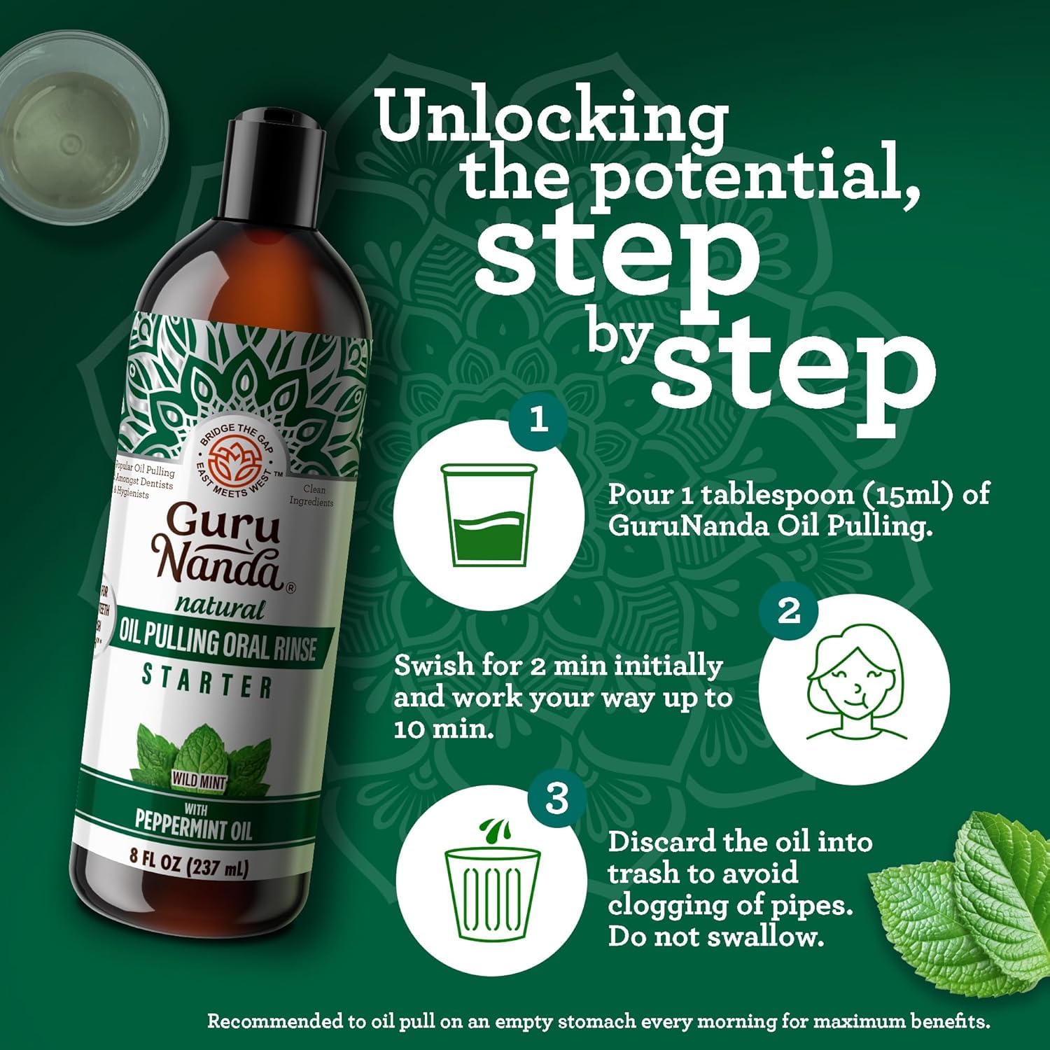 GuruNanda Starter Pulling Oil Mouthwash – Natural Teeth Whitening, Coconut & Peppermint, Alcohol-Free, 8 oz