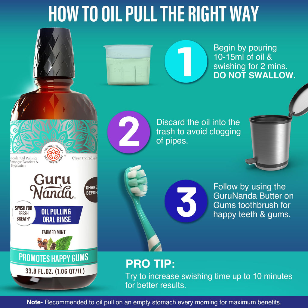 GuruNanda CocoMint Oil Pulling Mouthwash – Complete Oral Hygiene, 7 Essential Oils & Vitamins, Alcohol-Free, 1L (33.8 oz)