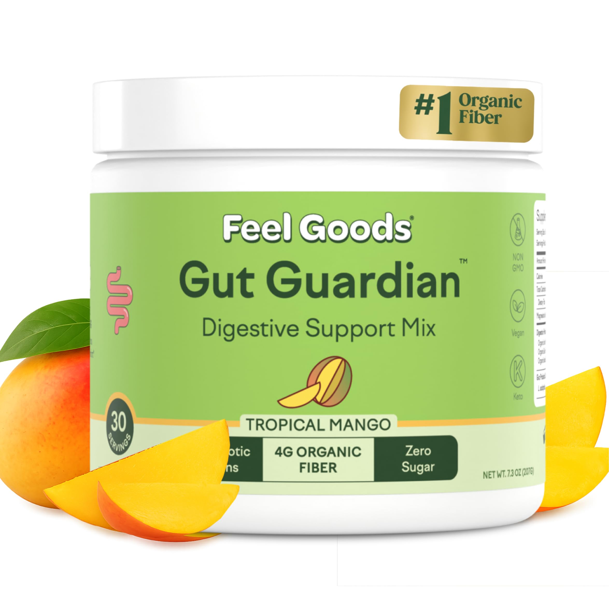 Feel Goods Gut Guardian – Organic Fiber, Probiotic & Prebiotic Powder (Sugar Free, Vegan) Tropical Mango 30 Count
