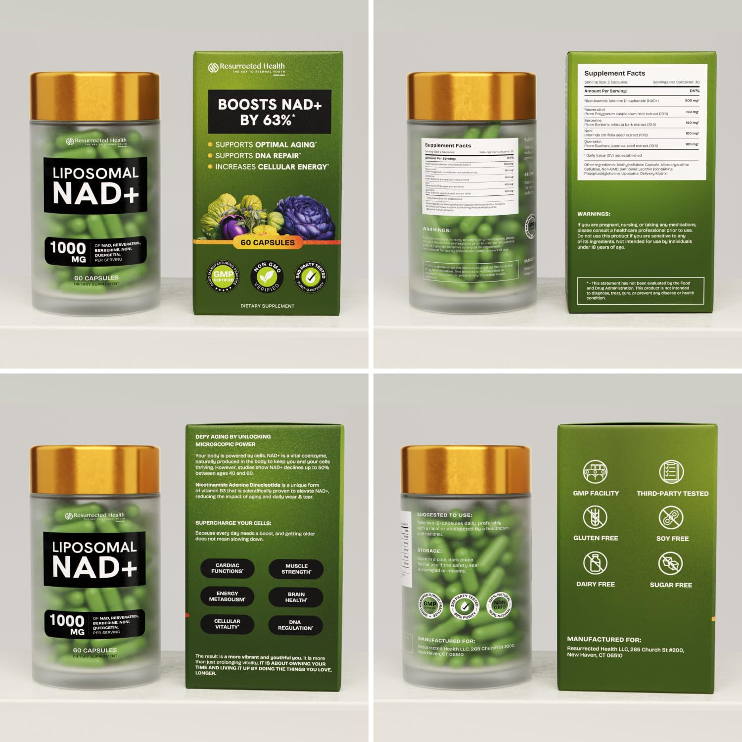 Resurrected Health Liposomal NAD Supplements for Women Resveratrol NAD + Supplement w/Berberine, Quercetin, Noni | Boosts NAD Anti-Aging, Bravfin Support, Gut Heath - 60 Capsules