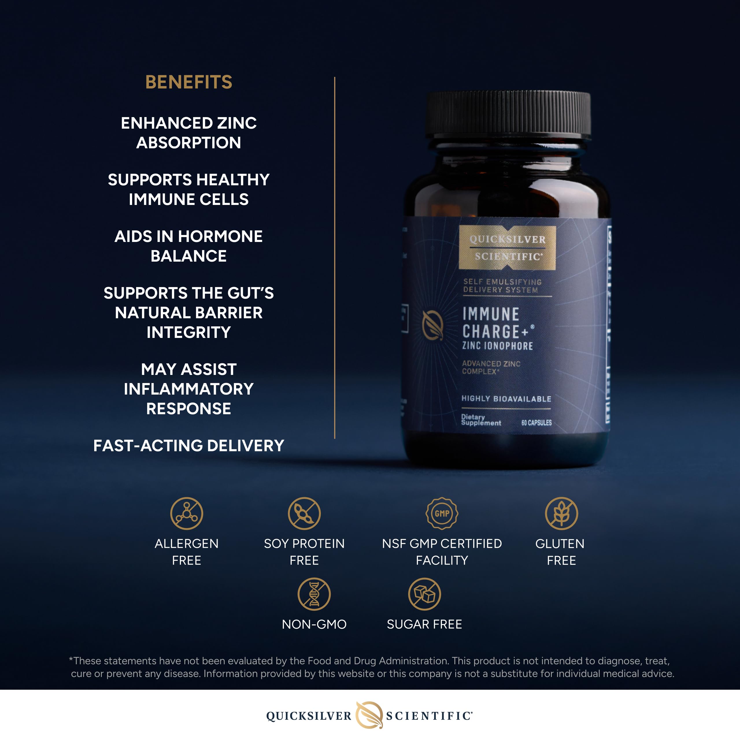 Quicksilver Immune Charge+ Zinc Ionophore – Zinc + Quercetin, Luteolin & Hesperetin (60 Capsules)