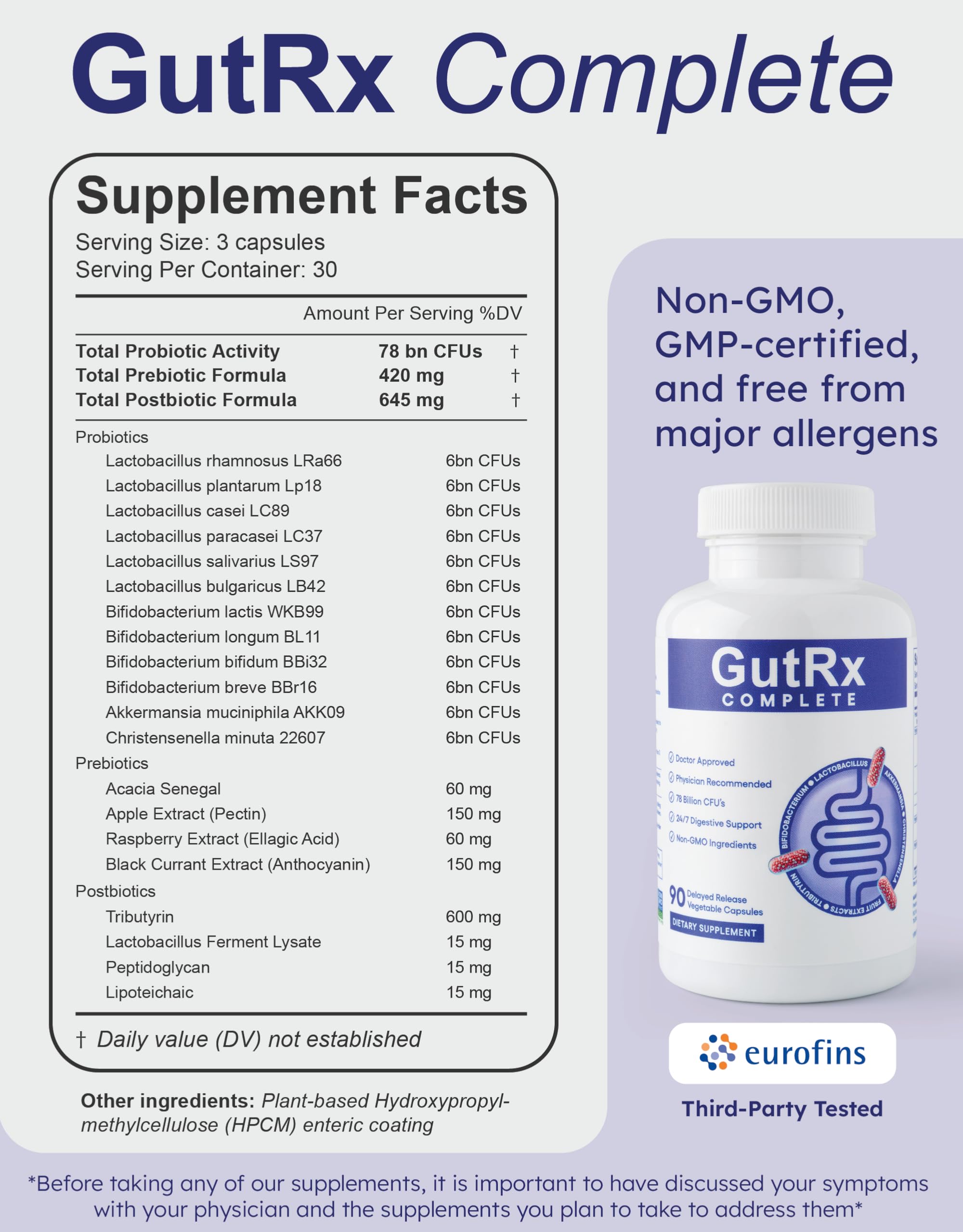 GutRx Complete Probiotic, Prebiotic & Postbiotic – 78B CFU with Akkermansia & Christensenella – 90 Count