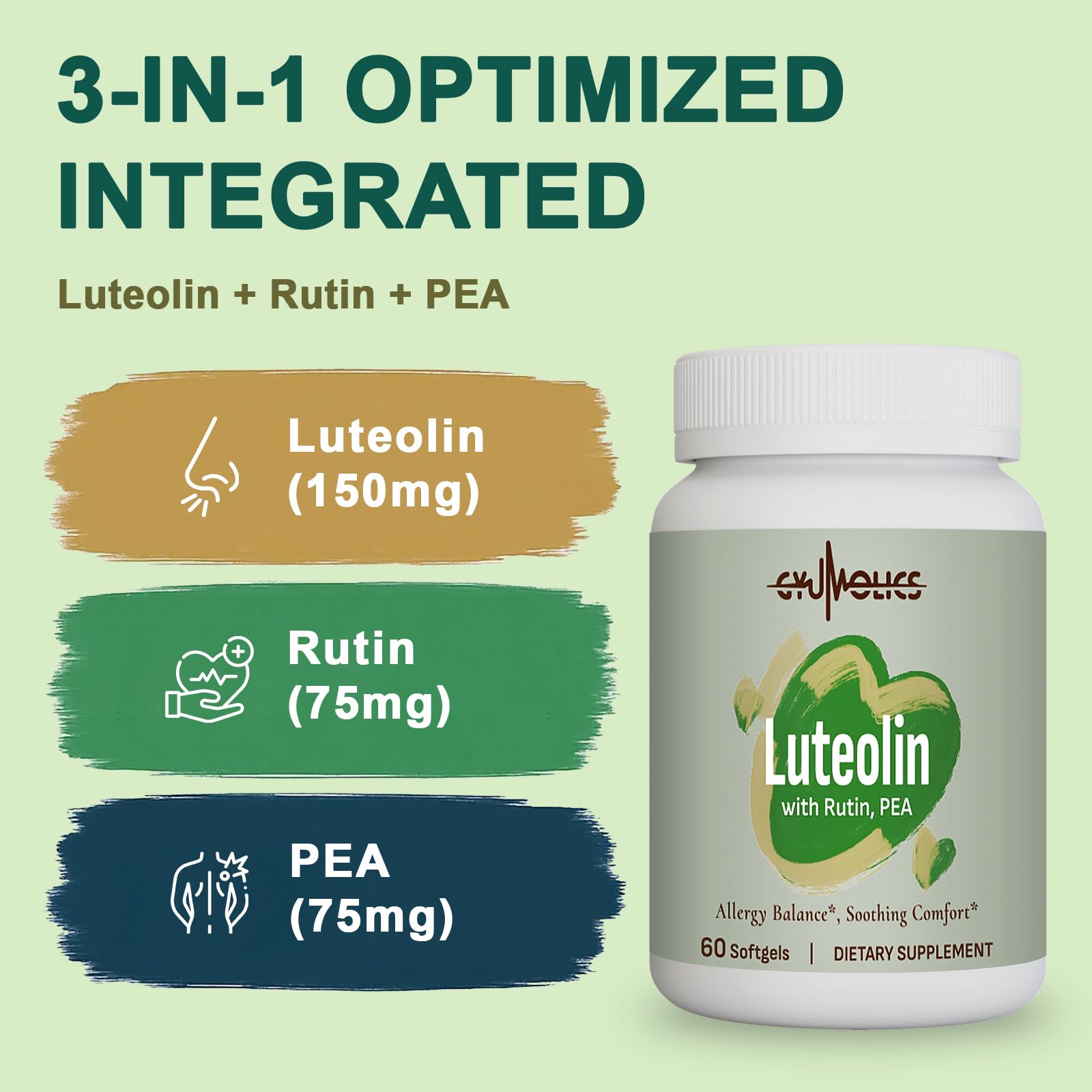 Gyumolics Luteolin 300mg - 150mg Luteolin, 75mg Rutin, 75mg PEA | Vegetarian, Gluten-Free, 60 Softgels