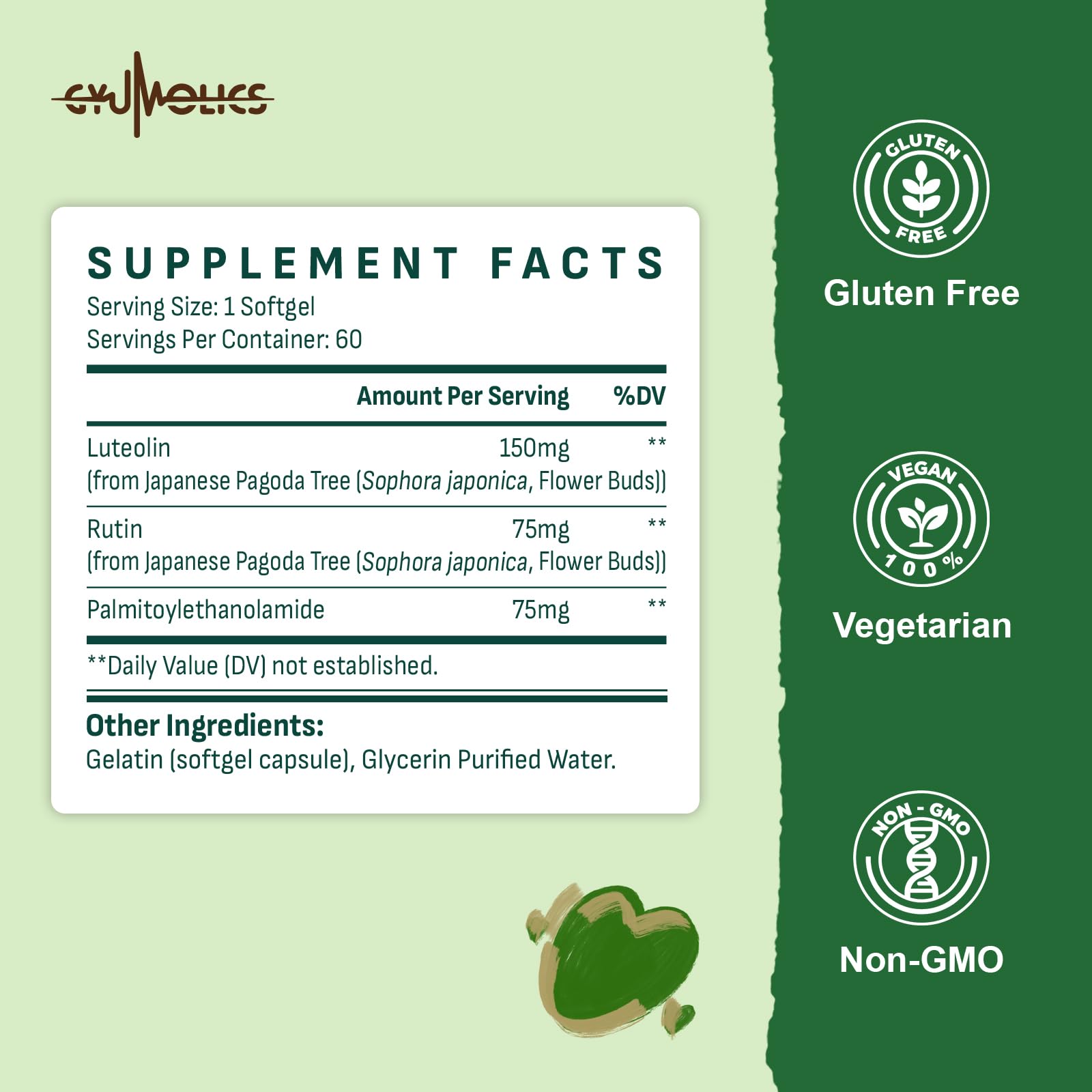 Gyumolics Luteolin 300mg - 150mg Luteolin, 75mg Rutin, 75mg PEA | Vegetarian, Gluten-Free, 60 Softgels