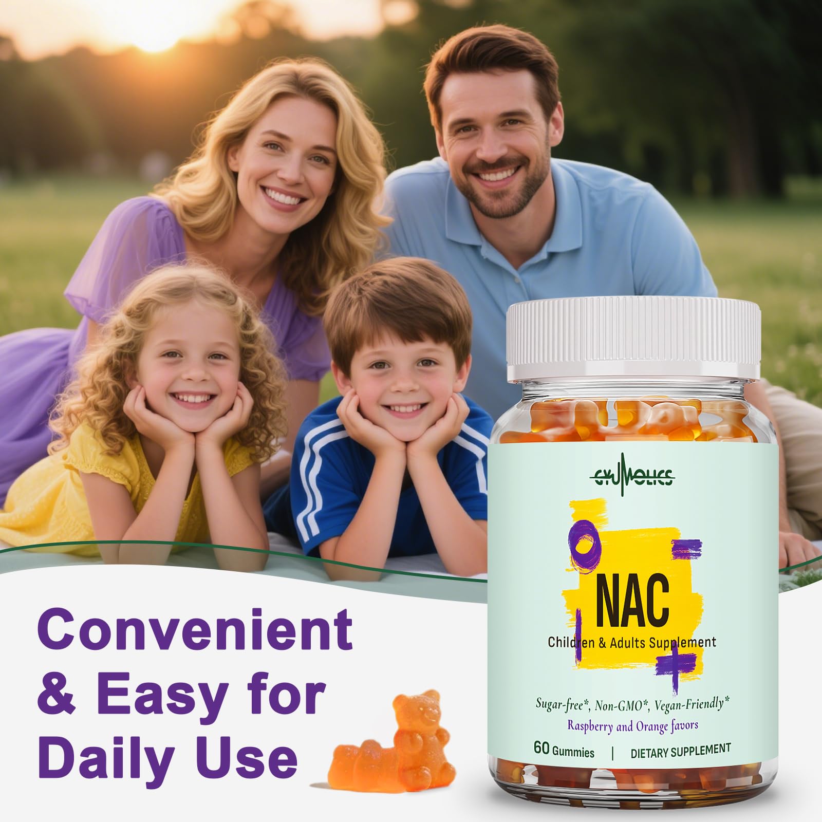 Gyumolics NAC Gummies 1000mg for Adults & 500mg for Kids - Vegan Sugar-Free, 60 Gummies