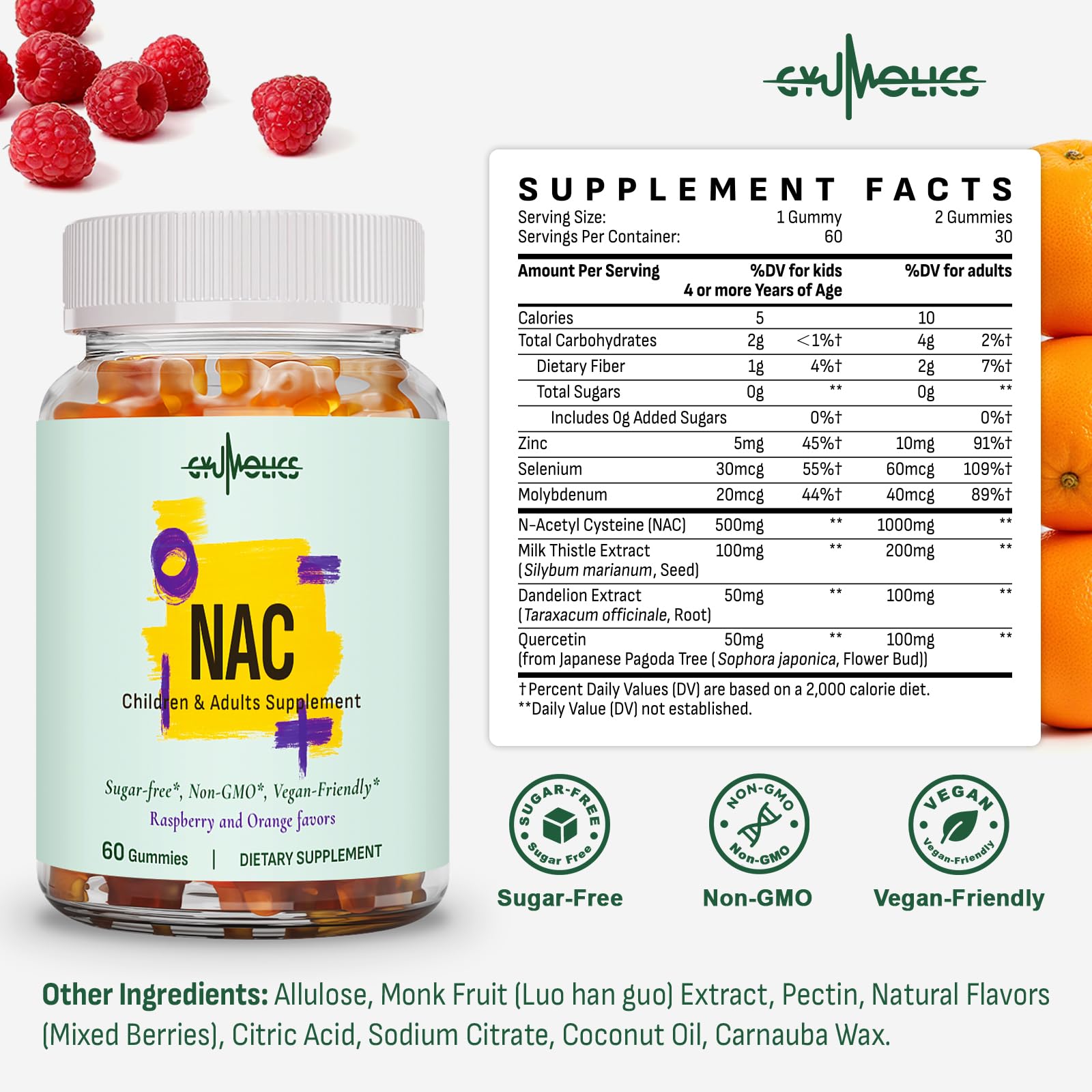 Gyumolics NAC Gummies 1000mg for Adults & 500mg for Kids - Vegan Sugar-Free, 60 Gummies