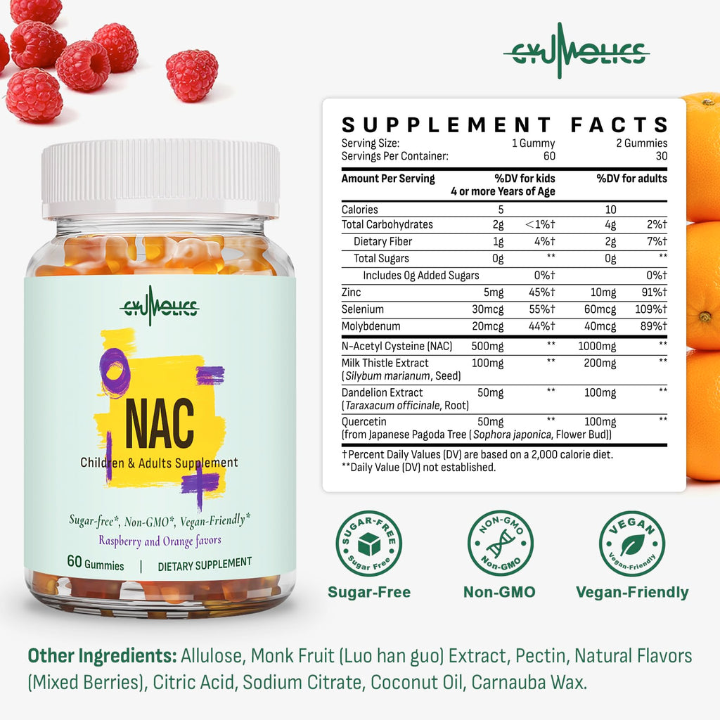 Gyumolics NAC Gummies 1000mg Adults & 500mg Kids – Vegan, Sugar-Free, 120 Gummies