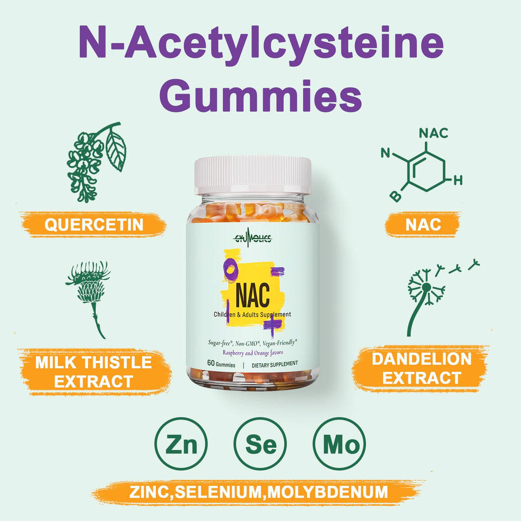 Gyumolics NAC Gummies 1000mg for Adults & 500mg for Kids - Vegan Sugar-Free, 60 Gummies