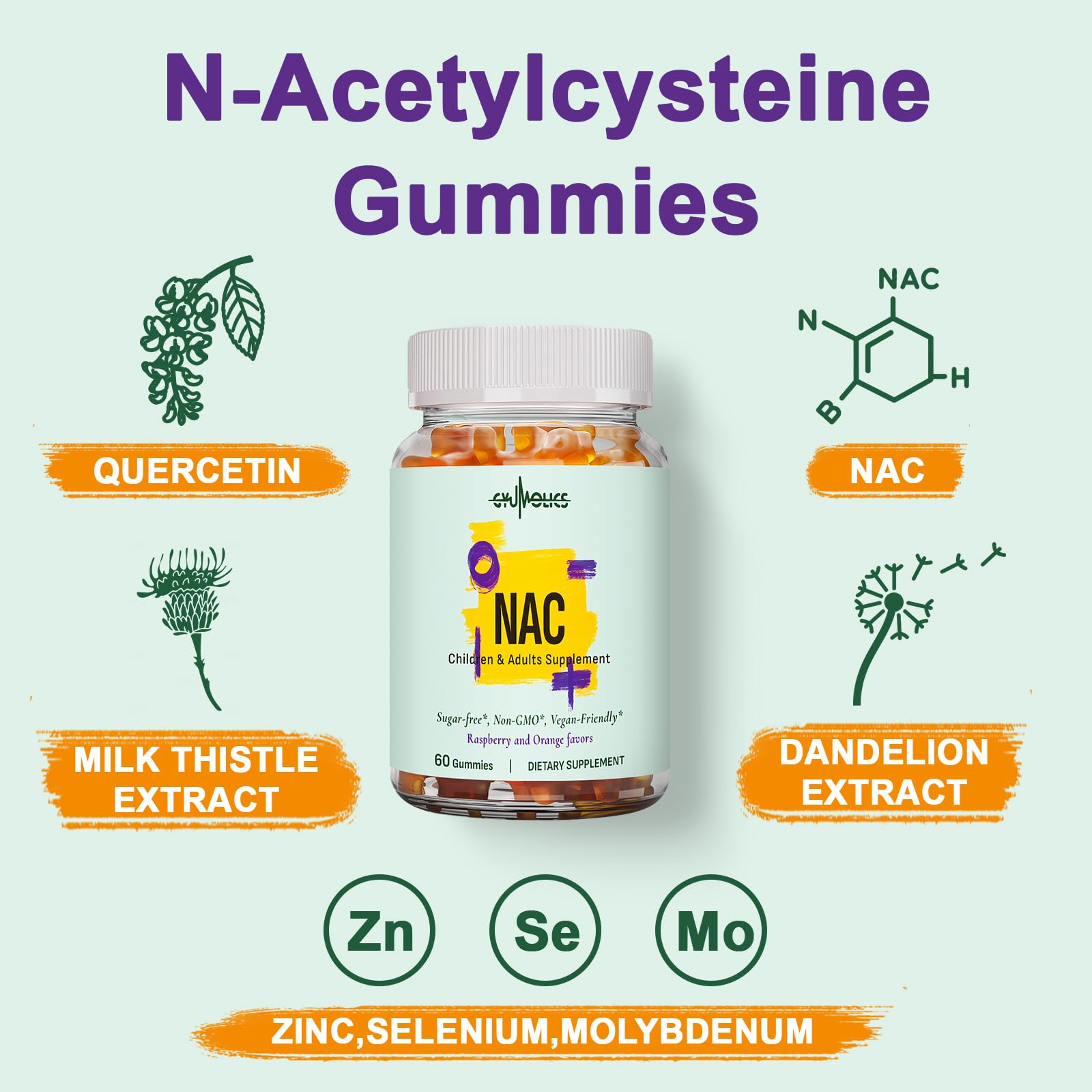Gyumolics NAC Gummies 1000mg for Adults & 500mg for Kids - Vegan Sugar-Free, 60 Gummies