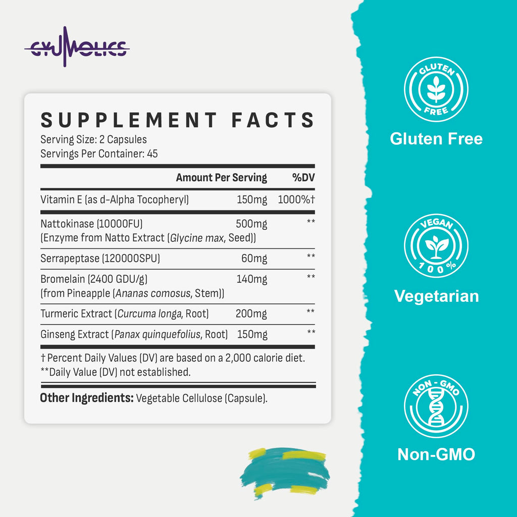 Gyumolics Nattokinase 10000FU Supplement – Organic Enzymes, Serrapeptase, Bromelain, Curcumin, Vitamin E & Ginseng, 90 Capsules