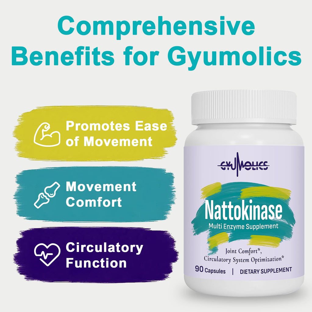 Gyumolics Nattokinase 10000FU Supplement – Organic Enzymes, Serrapeptase, Bromelain, Curcumin, Vitamin E & Ginseng, 90 Capsules