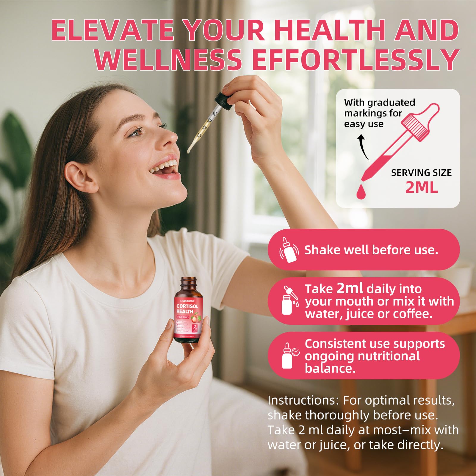 GZ HAOYUAN Cortisol Support Drops – 2 fl oz – Strawberry (Magnesium, Ashwagandha & L-Theanine)