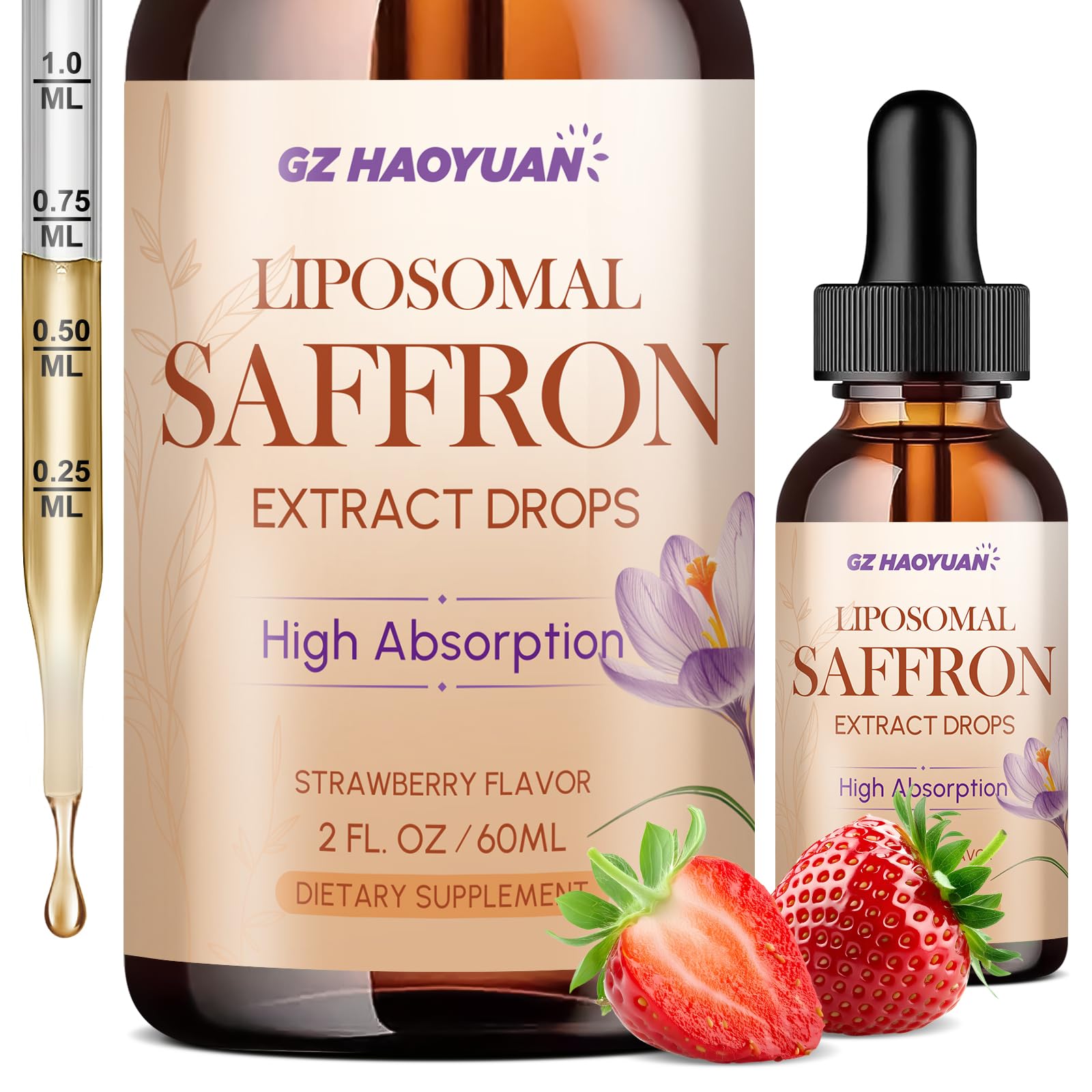 GZ HAOYUAN Liposomal Saffron Drops – 89 mg Extract with Ashwagandha, Turmeric & Vitamins A & D3 (Strawberry, 2 oz)