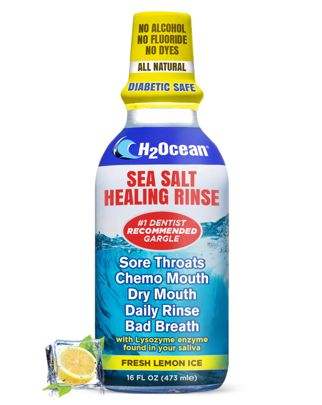 H2Ocean Healing Rinse – Natural Sea Salt Mouthwash, Alcohol & Fluoride-Free, Lemon Ice, 16 oz