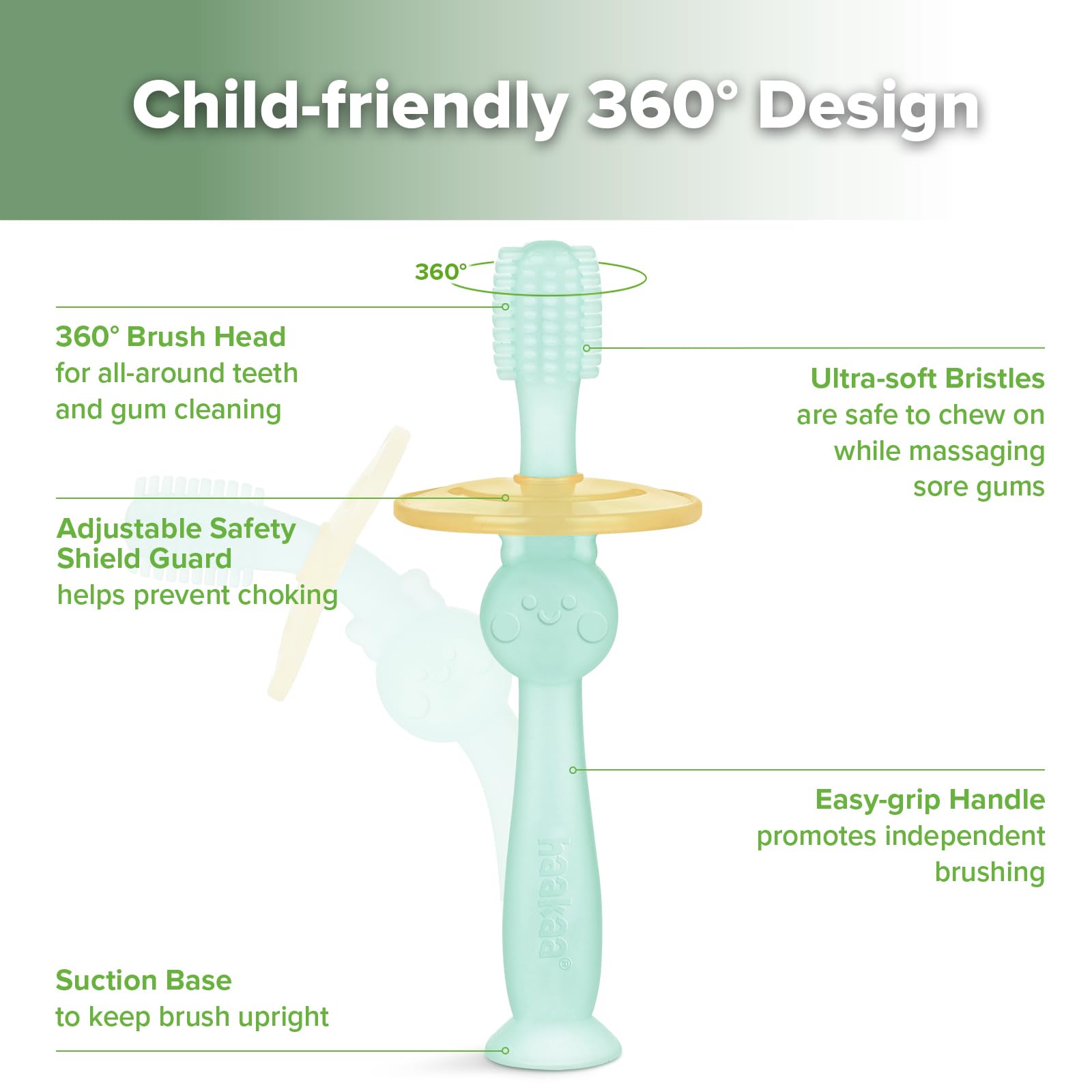 Haakaa 360 Food Grade Silicone Baby Toothbrush - 6M+ with Shield & Base Design, 1pc (Blue)
