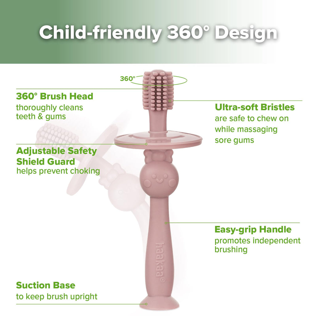 Haakaa 360° Baby Toothbrush with Suction Base – Gentle Self-Brushing Training (Blush)