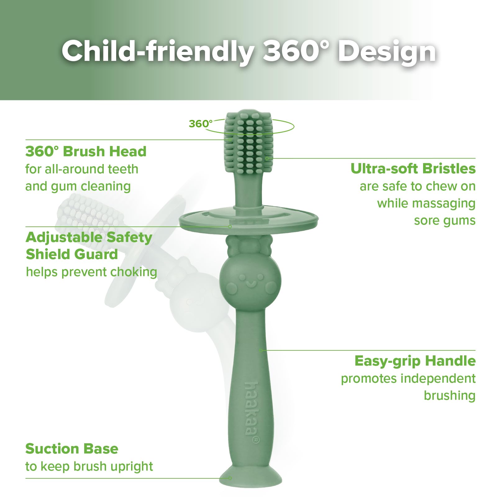 Haakaa 360° Baby Toothbrush with Suction Base - Jade, 360° Cleaning & Food-Grade Silicone