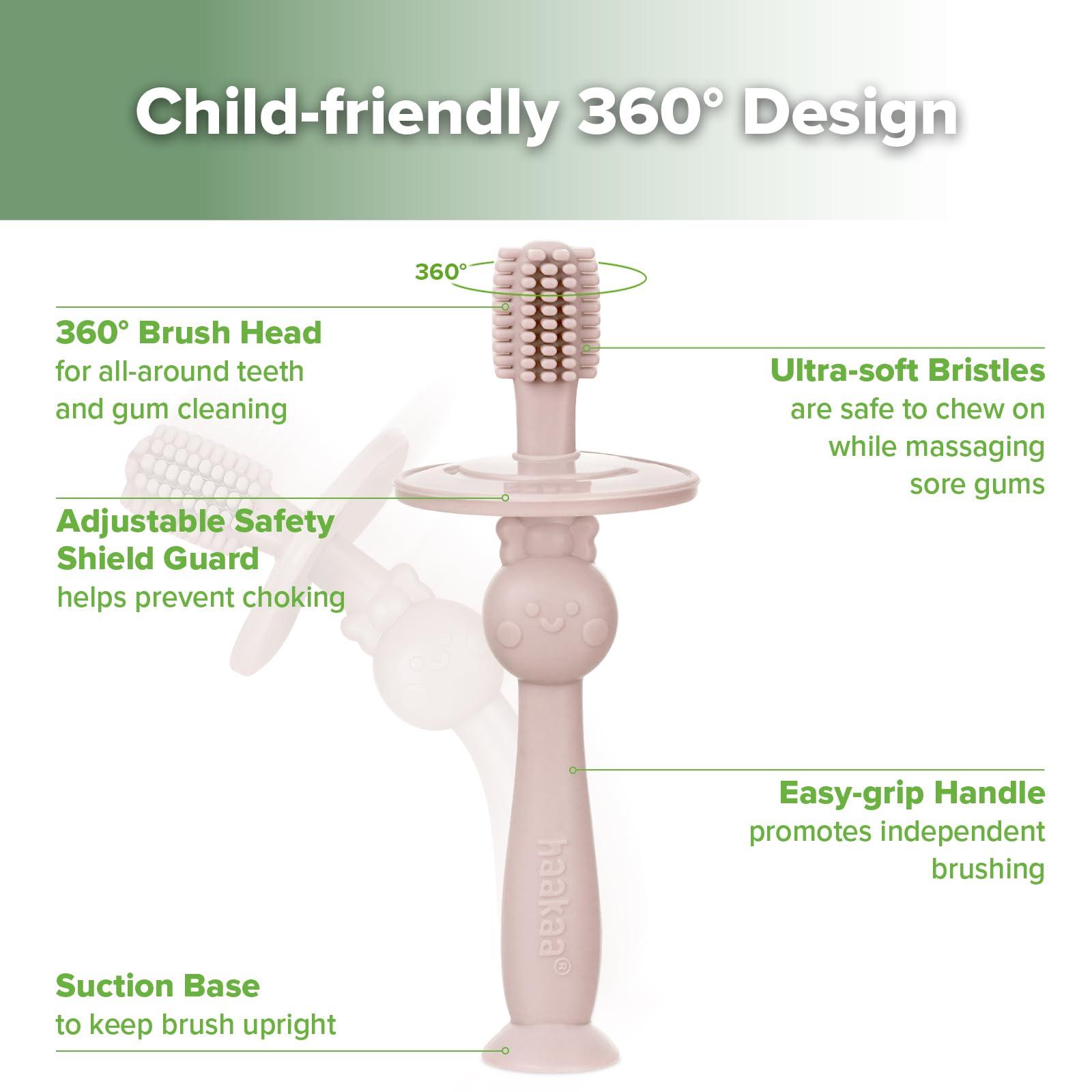 Haakaa 360° Baby Toothbrush with Suction Base – Dusty Pink (1 Piece)