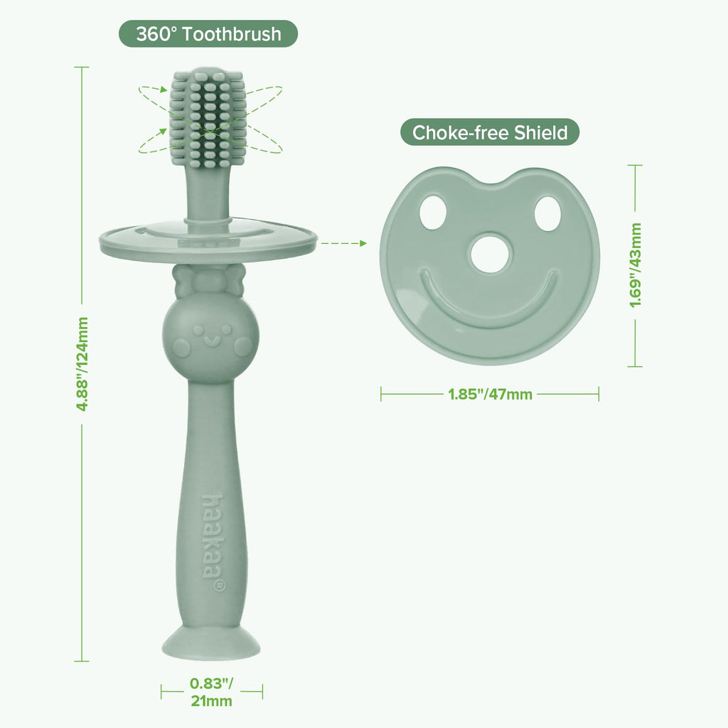 Haakaa 360° Baby Toothbrush with Suction Base – Gentle 360° Cleaning (Pea Green)