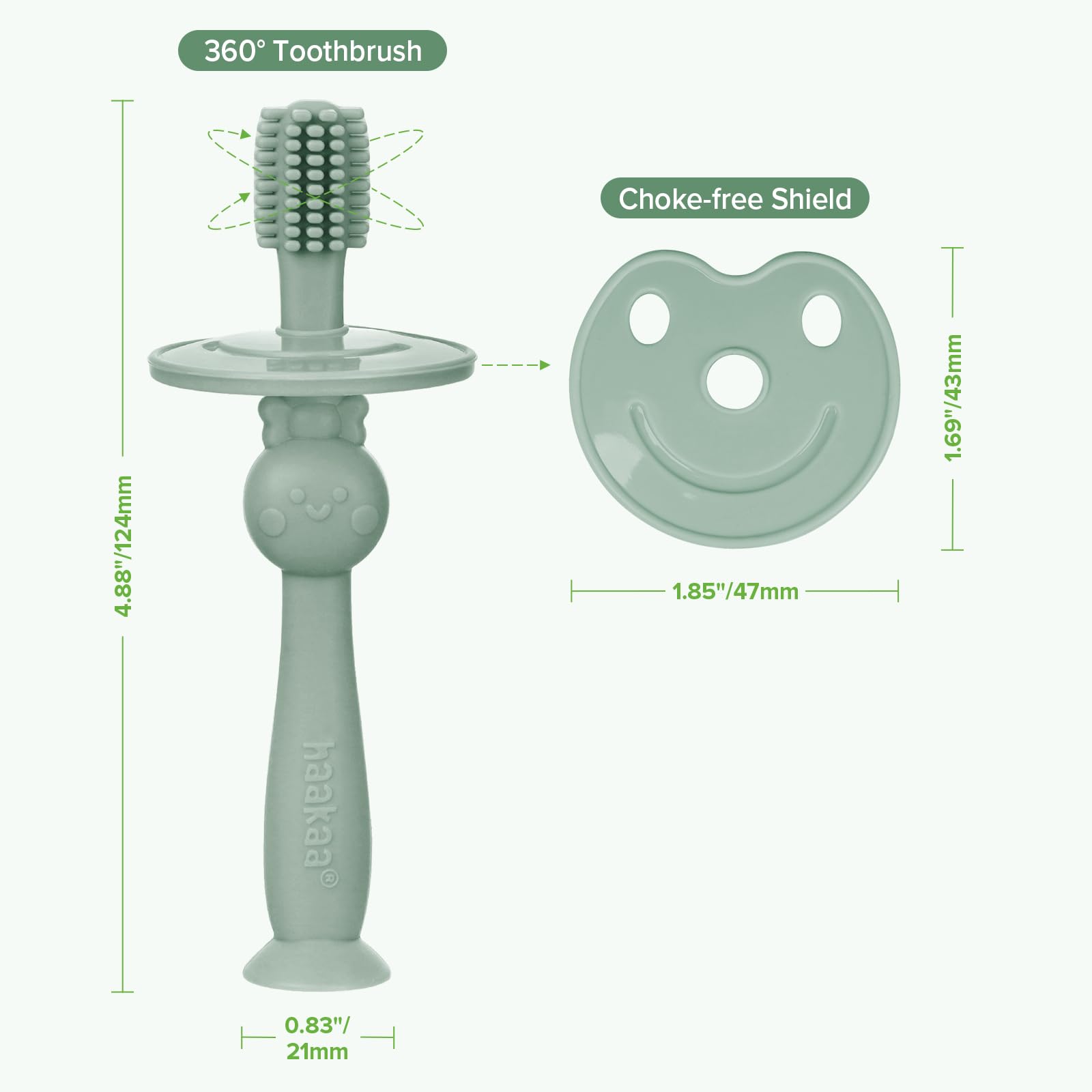 Haakaa 360° Baby Toothbrush with Suction Base – Gentle 360° Cleaning (Pea Green)