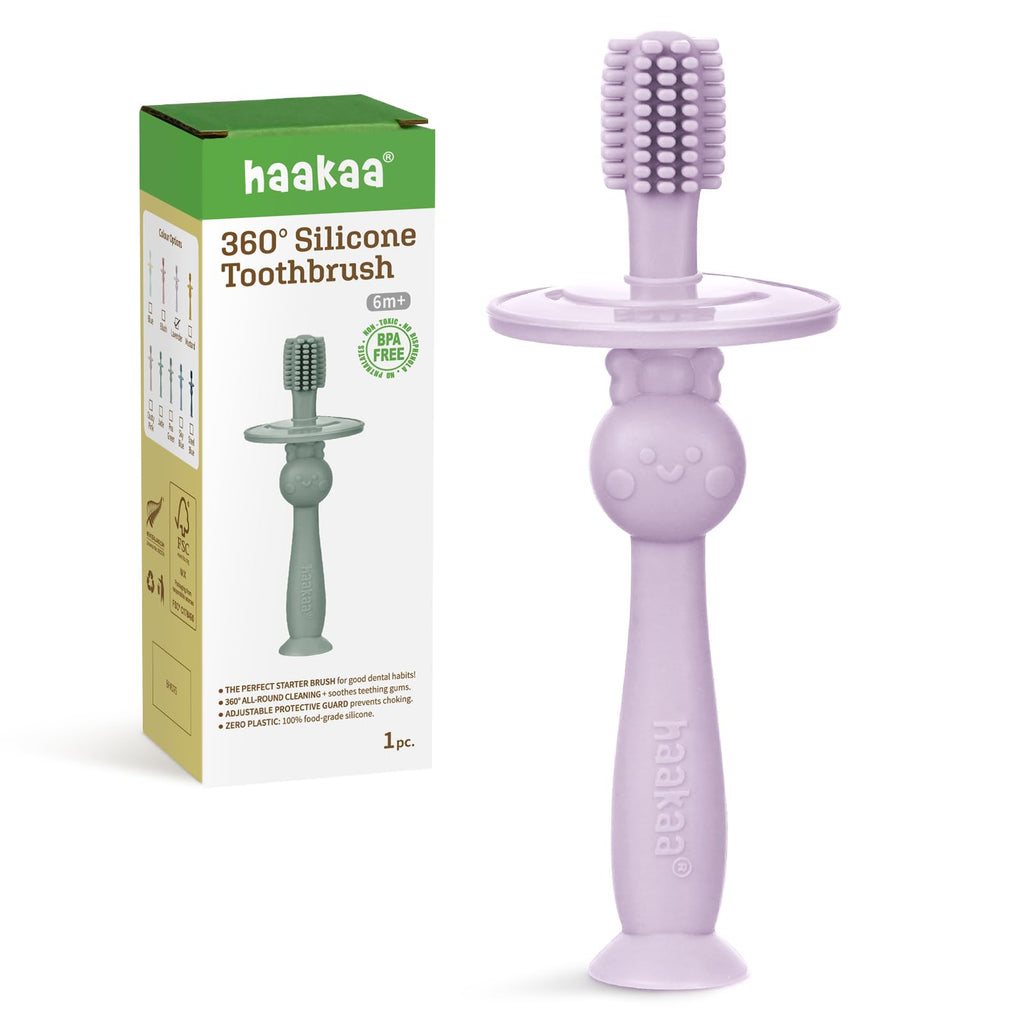 Haakaa 360° Baby Toothbrush with Suction Base | Gentle Cleaning for Infants, Sorft Food-Grade Silicone, Lavender