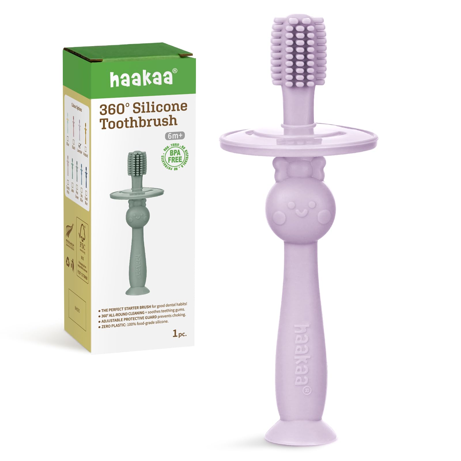 Haakaa 360° Baby Toothbrush with Suction Base | Gentle Cleaning for Infants, Sorft Food-Grade Silicone, Lavender