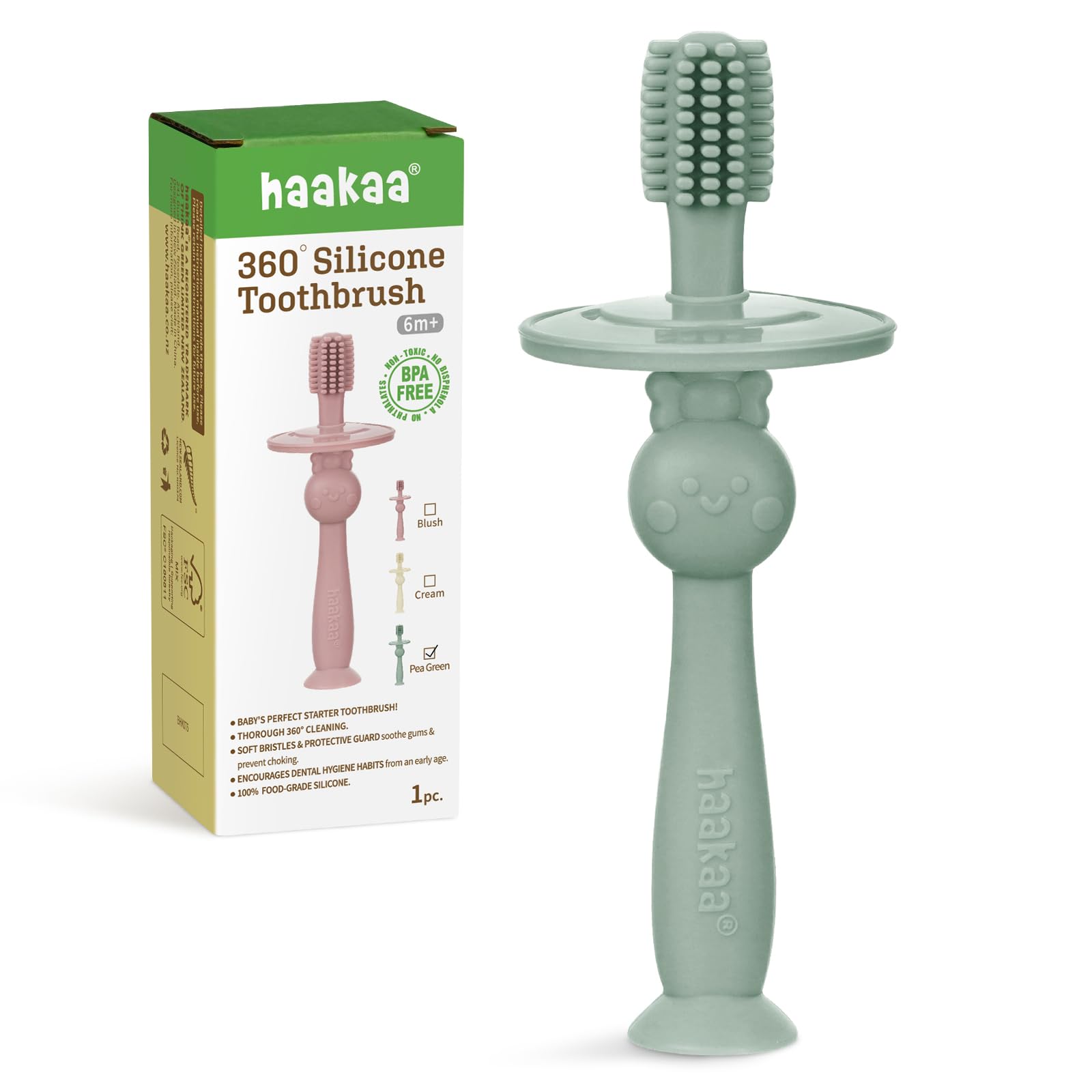 Haakaa 360° Baby Toothbrush with Suction Base – Gentle 360° Cleaning (Pea Green)