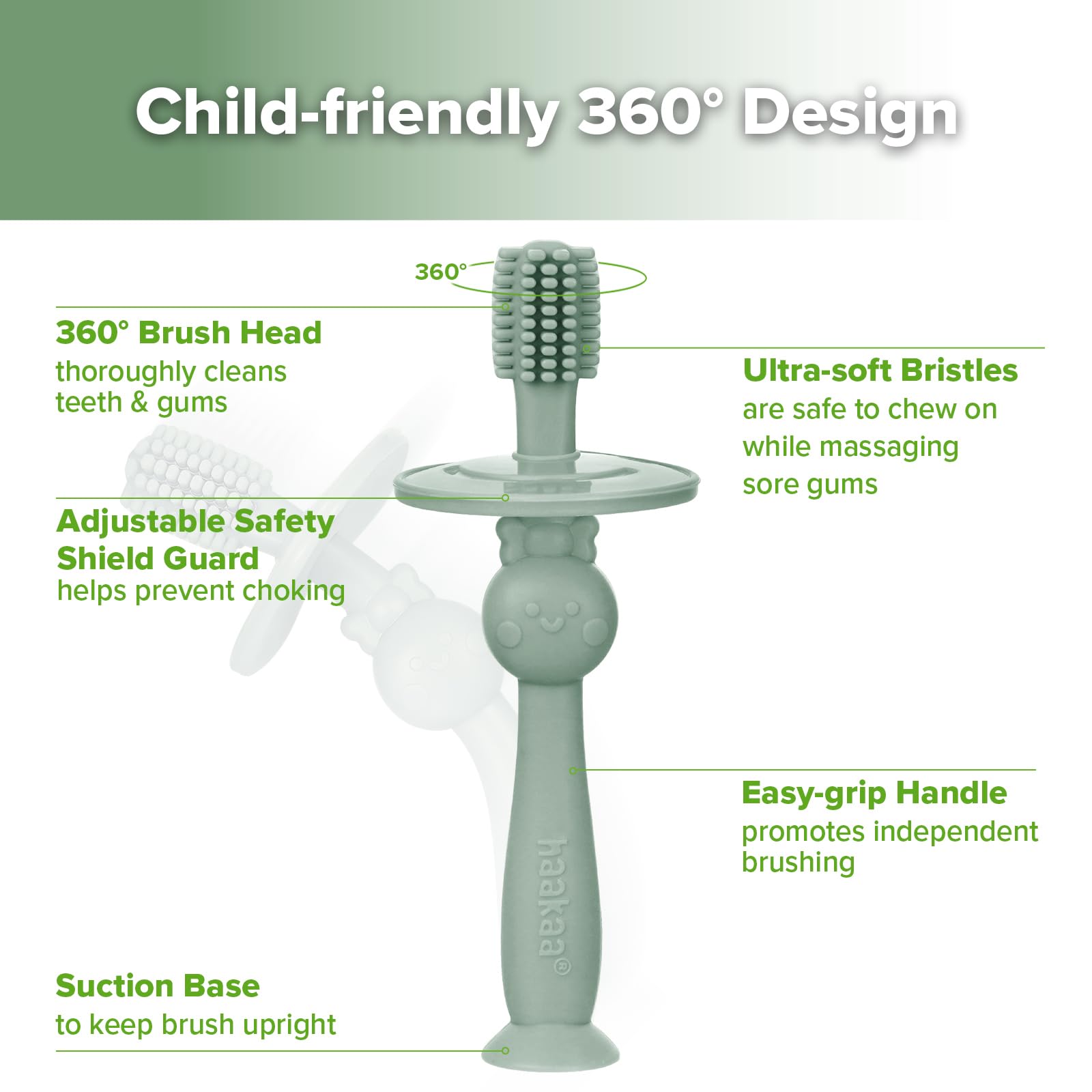Haakaa 360° Baby Toothbrush with Suction Base – Gentle 360° Cleaning (Pea Green)