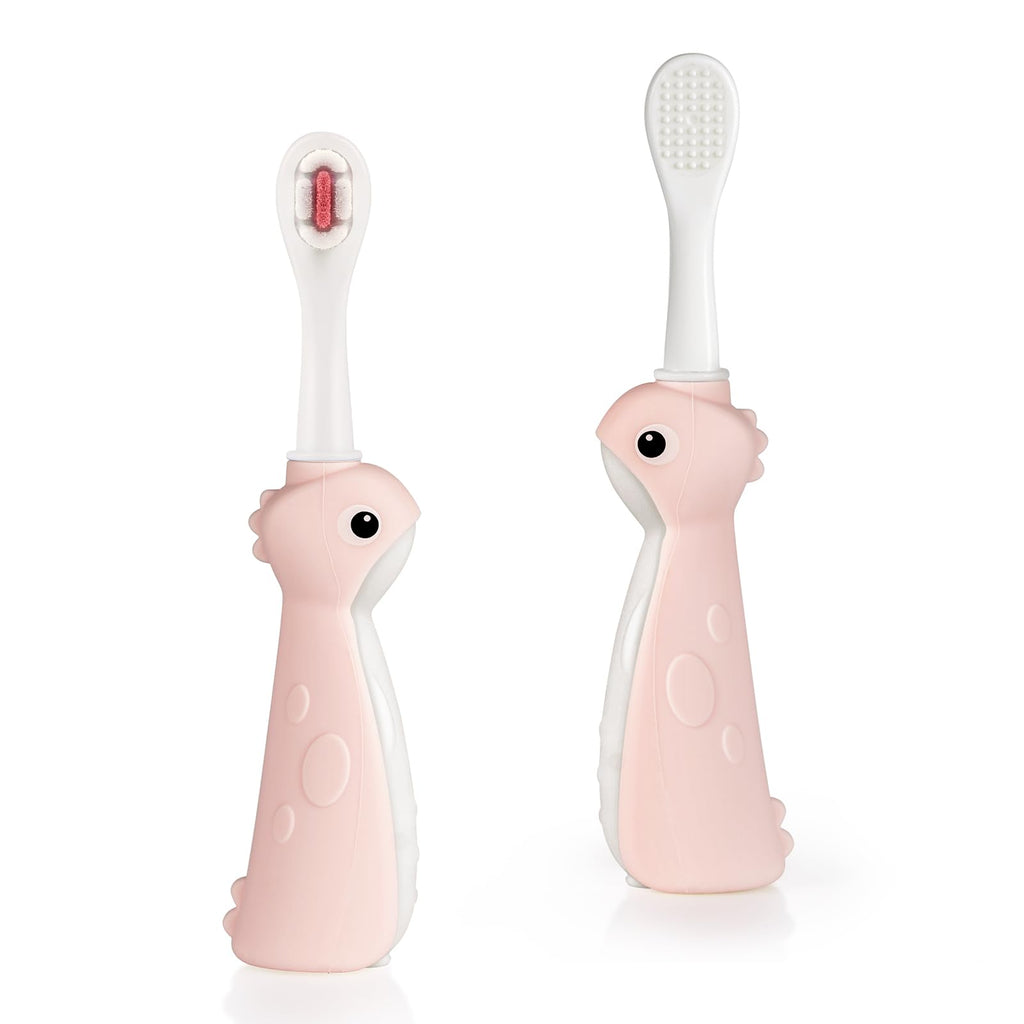 Haakaa Dinosaur Toothbrush for Kids 2-4 (Pink) – Soft Bristles, Silicone Handle, BPA-Free, 2 Count