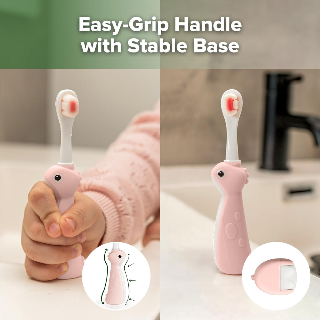 Haakaa Dinosaur Toothbrush for Kids 2-4 – Soft Bristles, Silicone Handle, Non-Slip Grip & Tongue Cleaner | BPA-Free, Pink - 1 Count