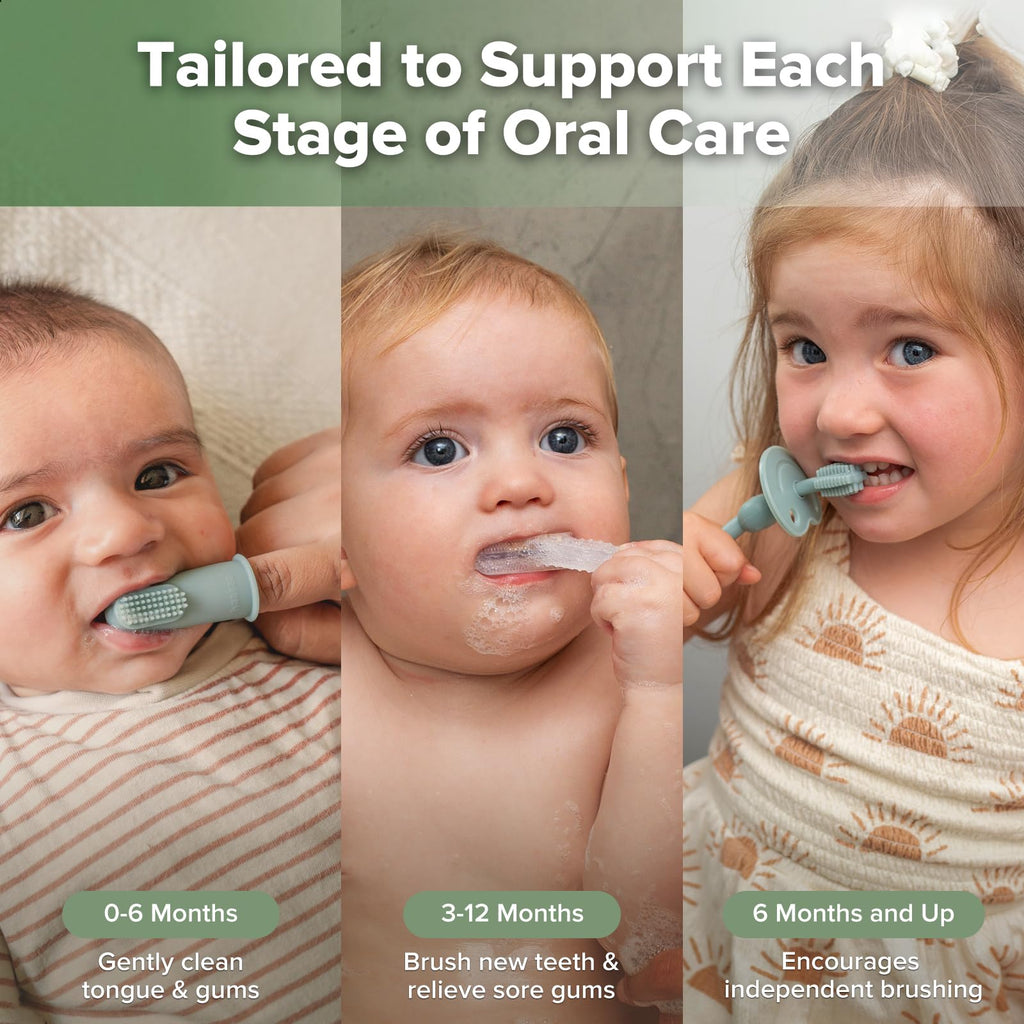 haakaa Training Toothbrush Set - Soft Silicone Baby Toothbrush Kit (Pea Green)