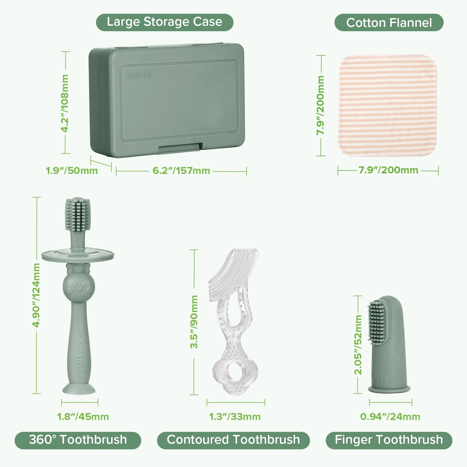 haakaa Training Toothbrush Set - Soft Silicone Baby Toothbrush Kit (Pea Green)