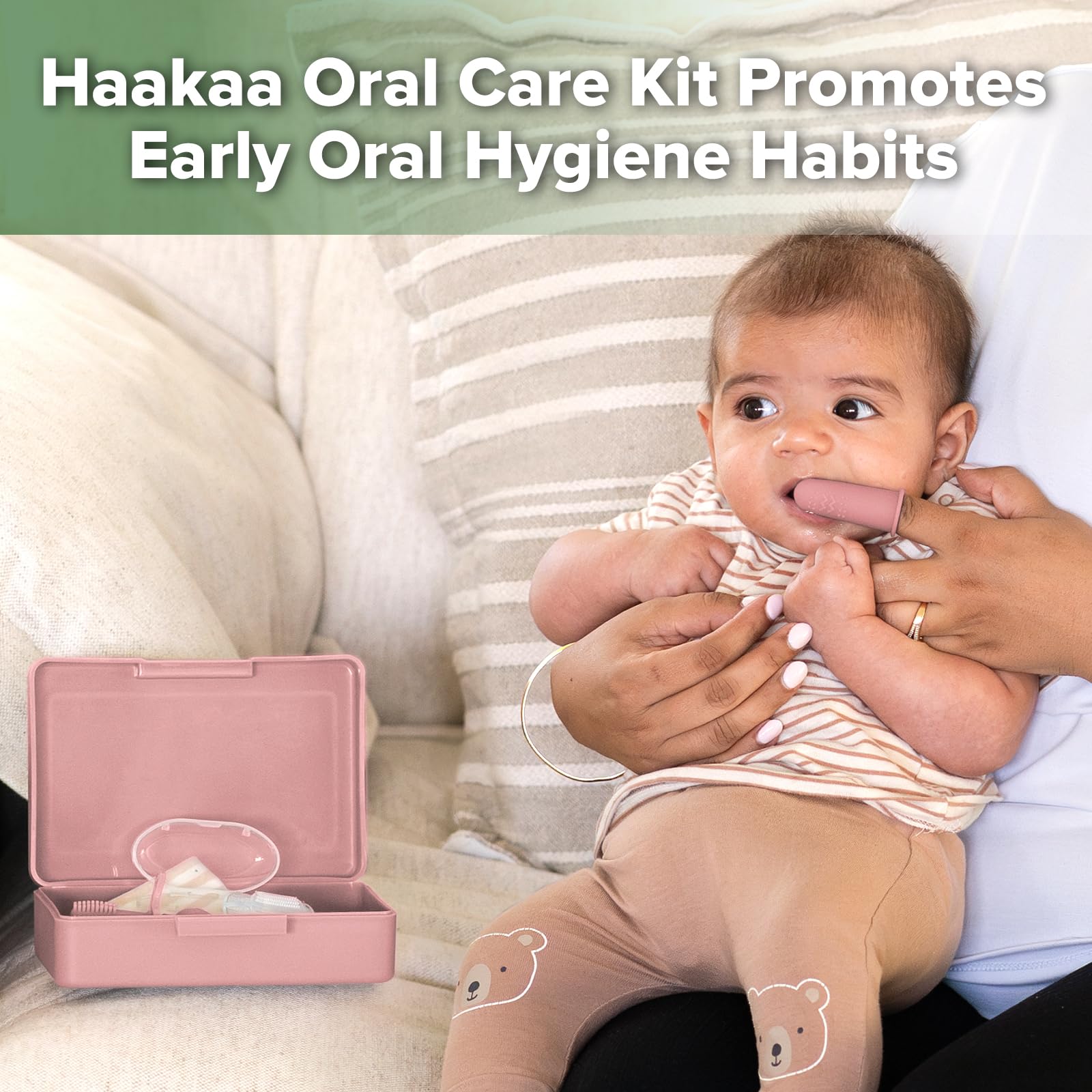 haakaa Training Toothbrush Set - Soft Silicone Baby Toothbrush Kit (Blush)