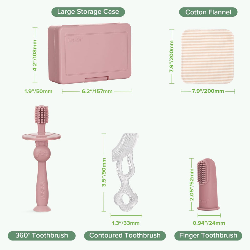 haakaa Training Toothbrush Set - Soft Silicone Baby Toothbrush Kit (Blush)