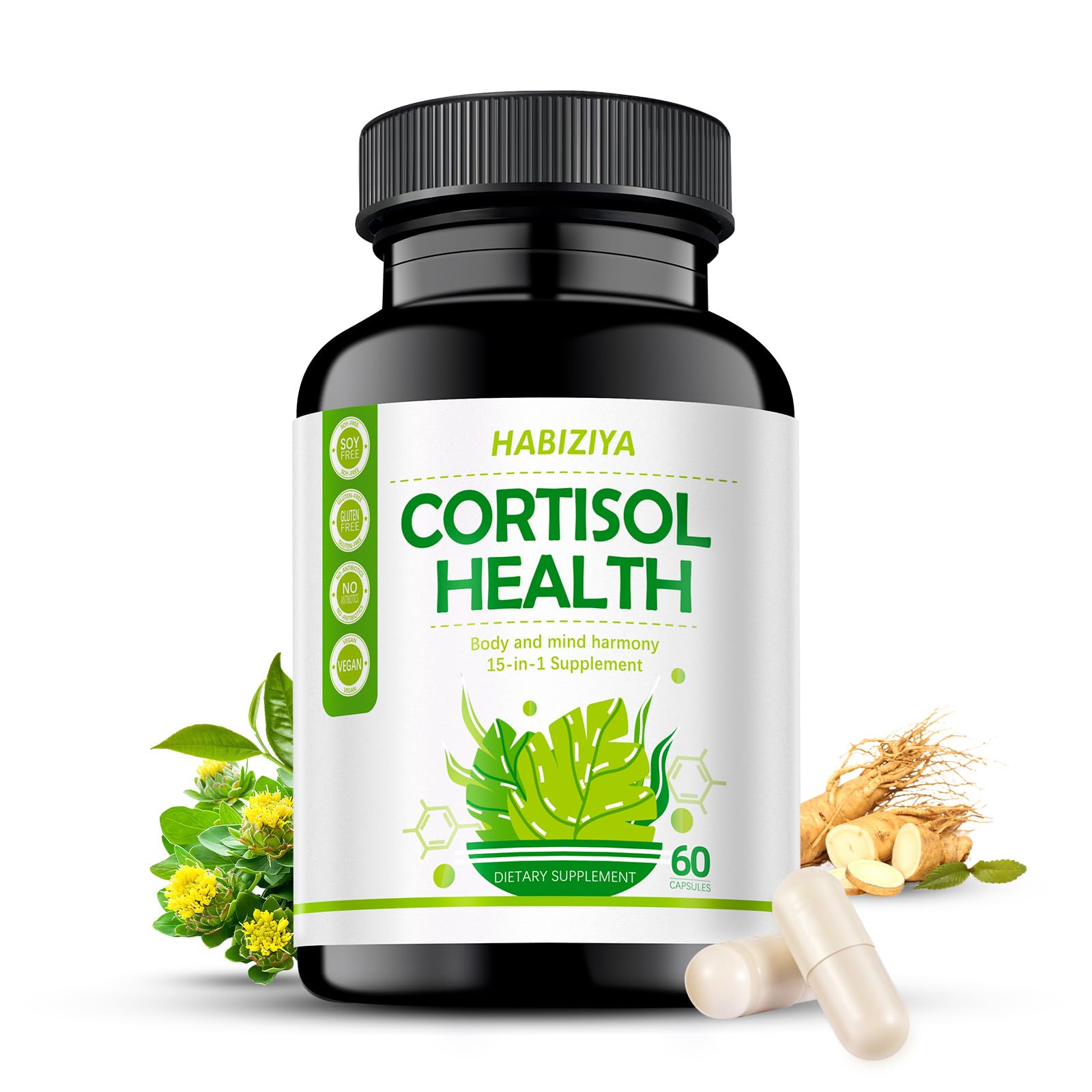 HABIZIYA Cortisol Support Supplement - 15-in-1 Hormone Balance (60 Capsules) with Magnesium Glycinate, L-Theanine, Ashwagandha