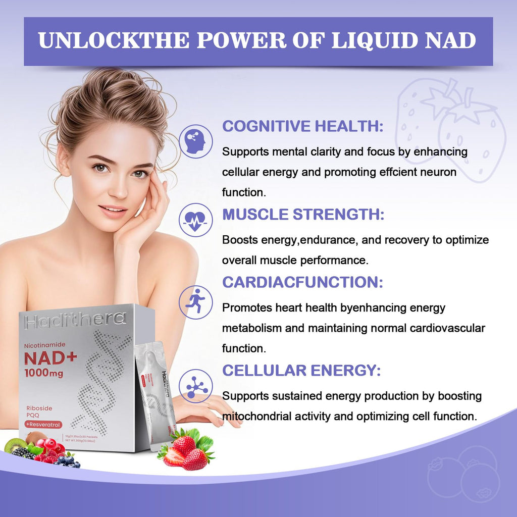 Haditheran NAD 1000mg Supplement – NR, PQQ & Resveratrol for Longevity & Energy (30 Packets)