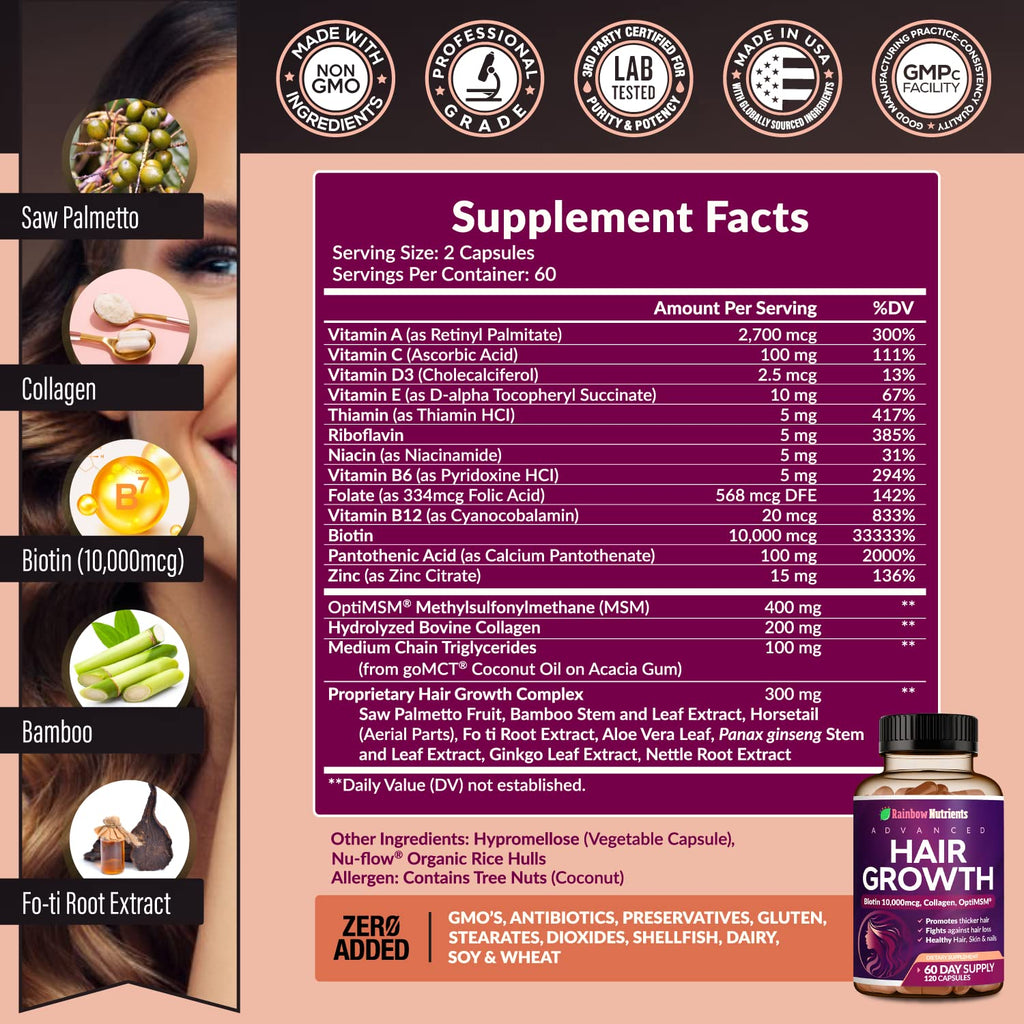 Hair Growth Vitamins for Women - Biotin 10,000mcg, Collagen, OptiMSM | Rainbow Nutrients