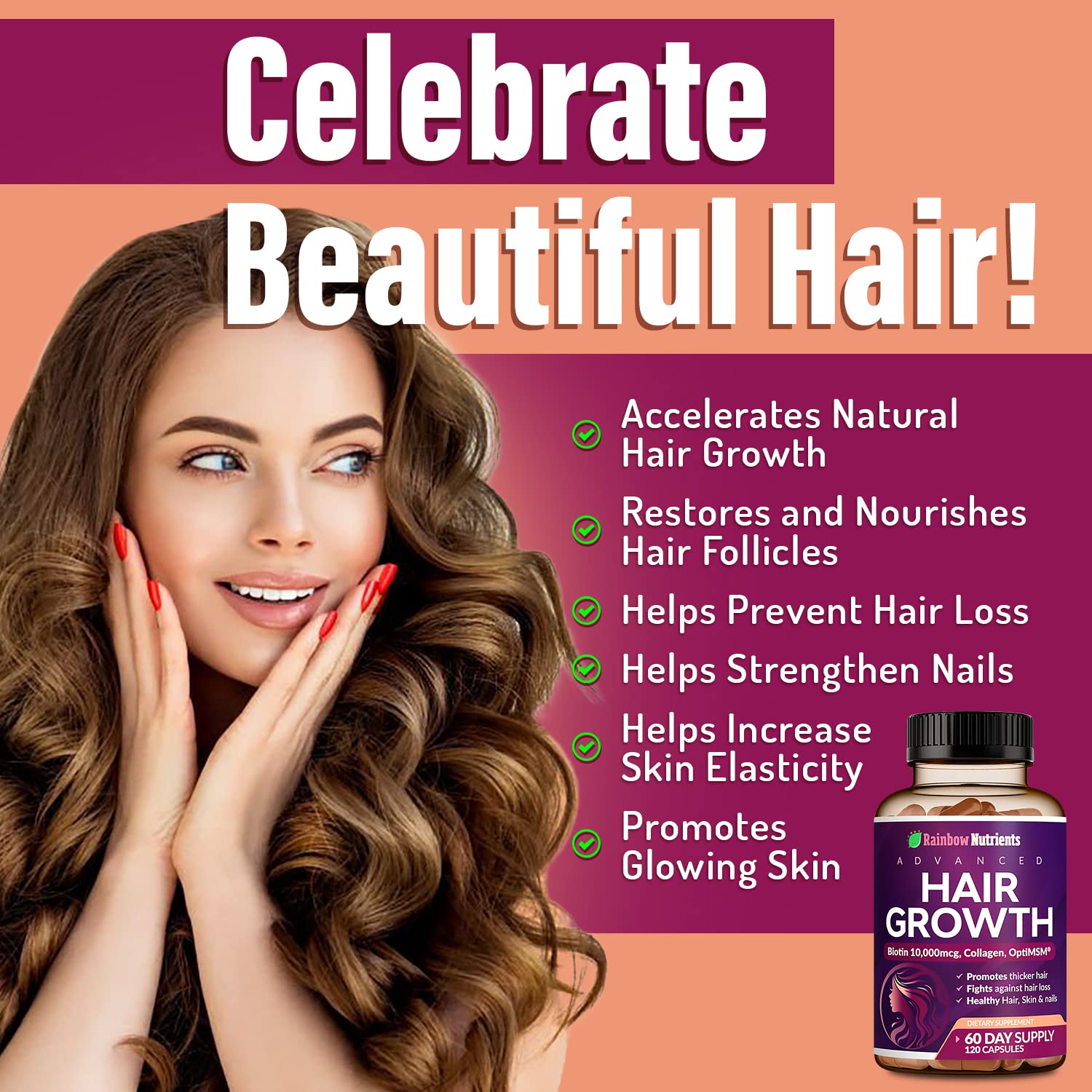 Hair Growth Vitamins for Women - Biotin 10,000mcg, Collagen, OptiMSM | Rainbow Nutrients