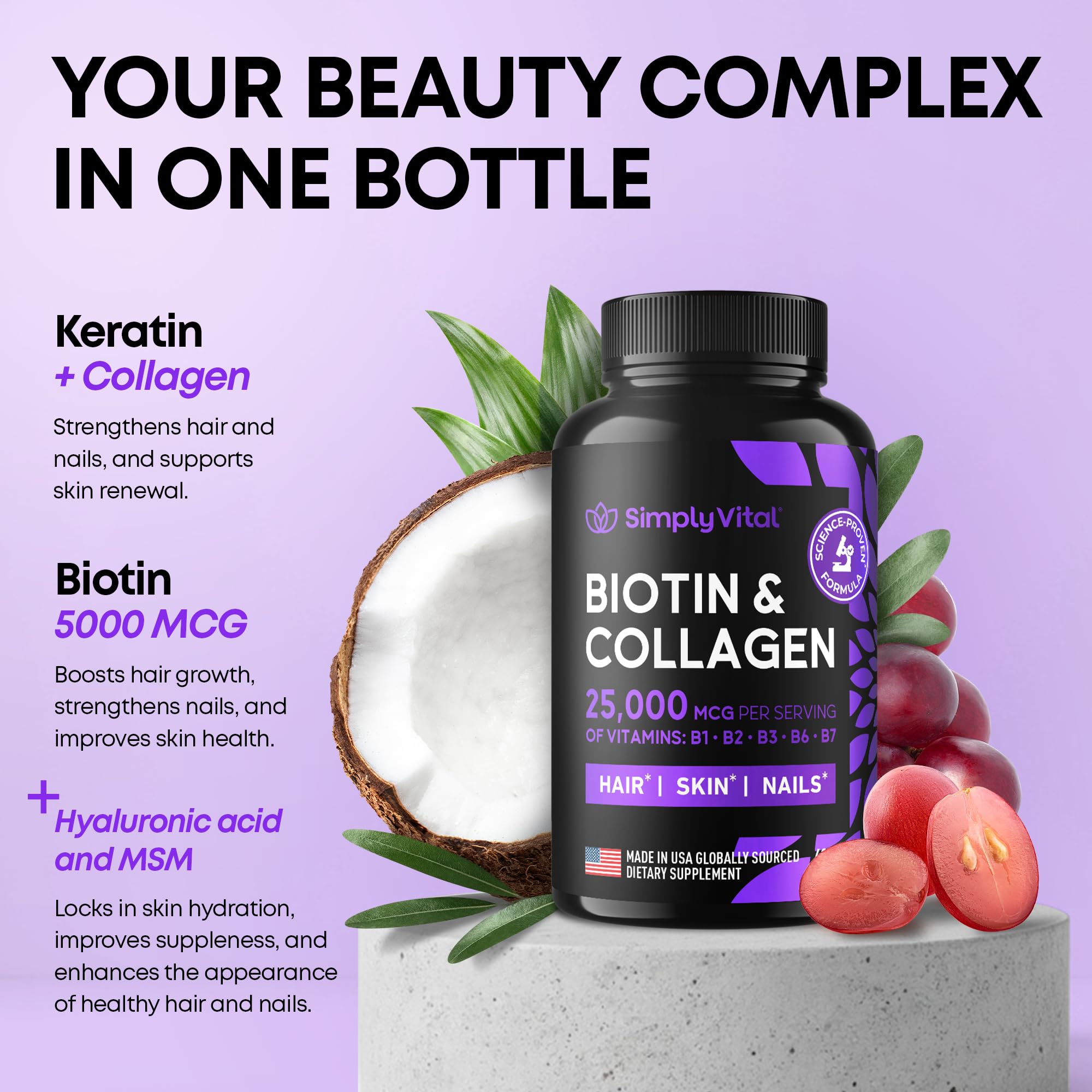 Biotin & Collagen with Keratin – 25000 mcg, Hair Skin Nails – 60 Capsules – Made in USA