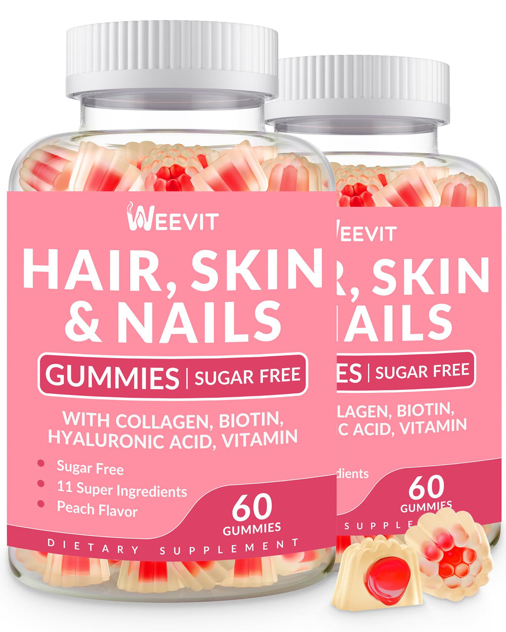 Hair Skin & Nails Gummies – Biotin, Collagen & Hyaluronic Acid | Gluten Free & Non-GMO