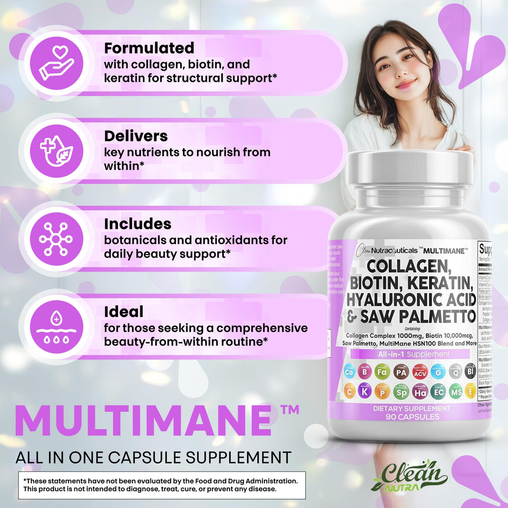 Clean Nutraceuticals Collagen Pills 1000mg with Biotin 10000mcg – Hair, Skin & Nails (90 Count)