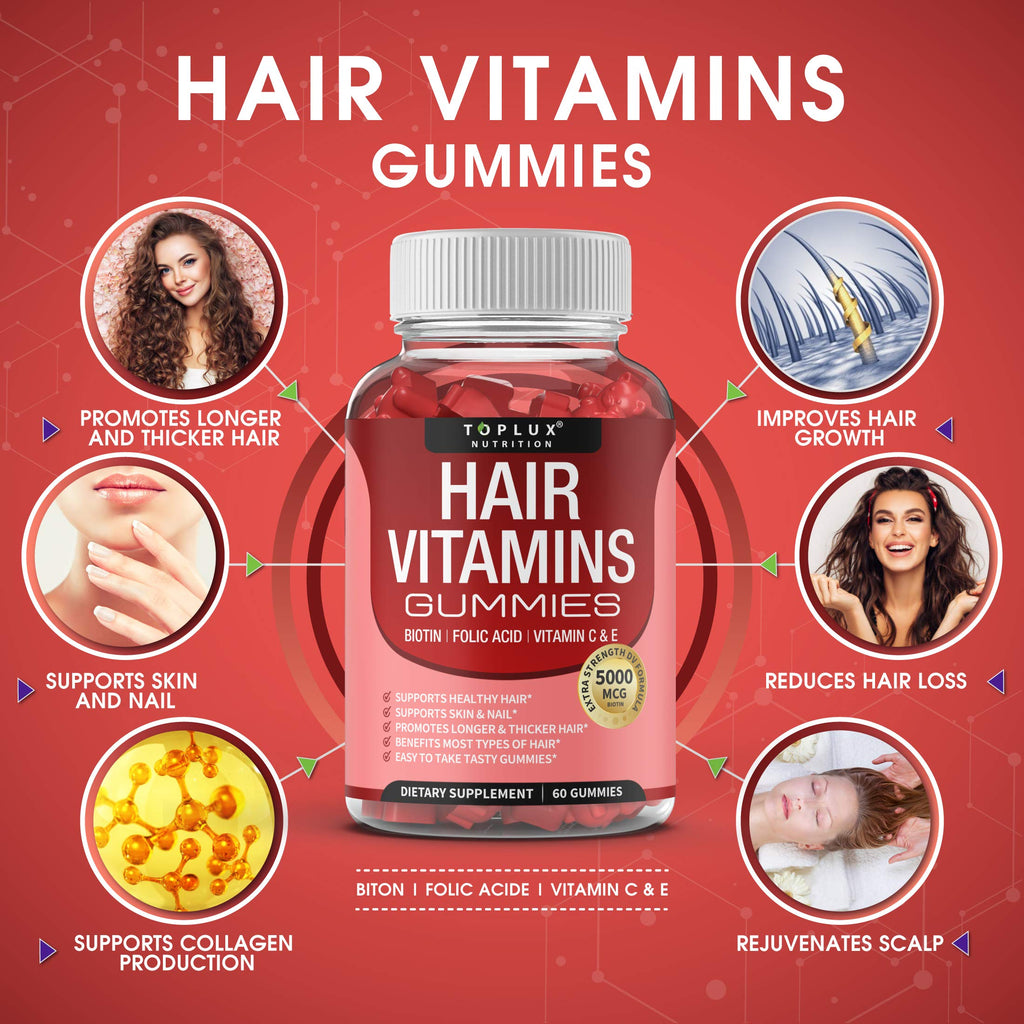 Hair Vitamin Gummies for Women & Men – Biotin 5000mcg, 60 Count | Non-GMO