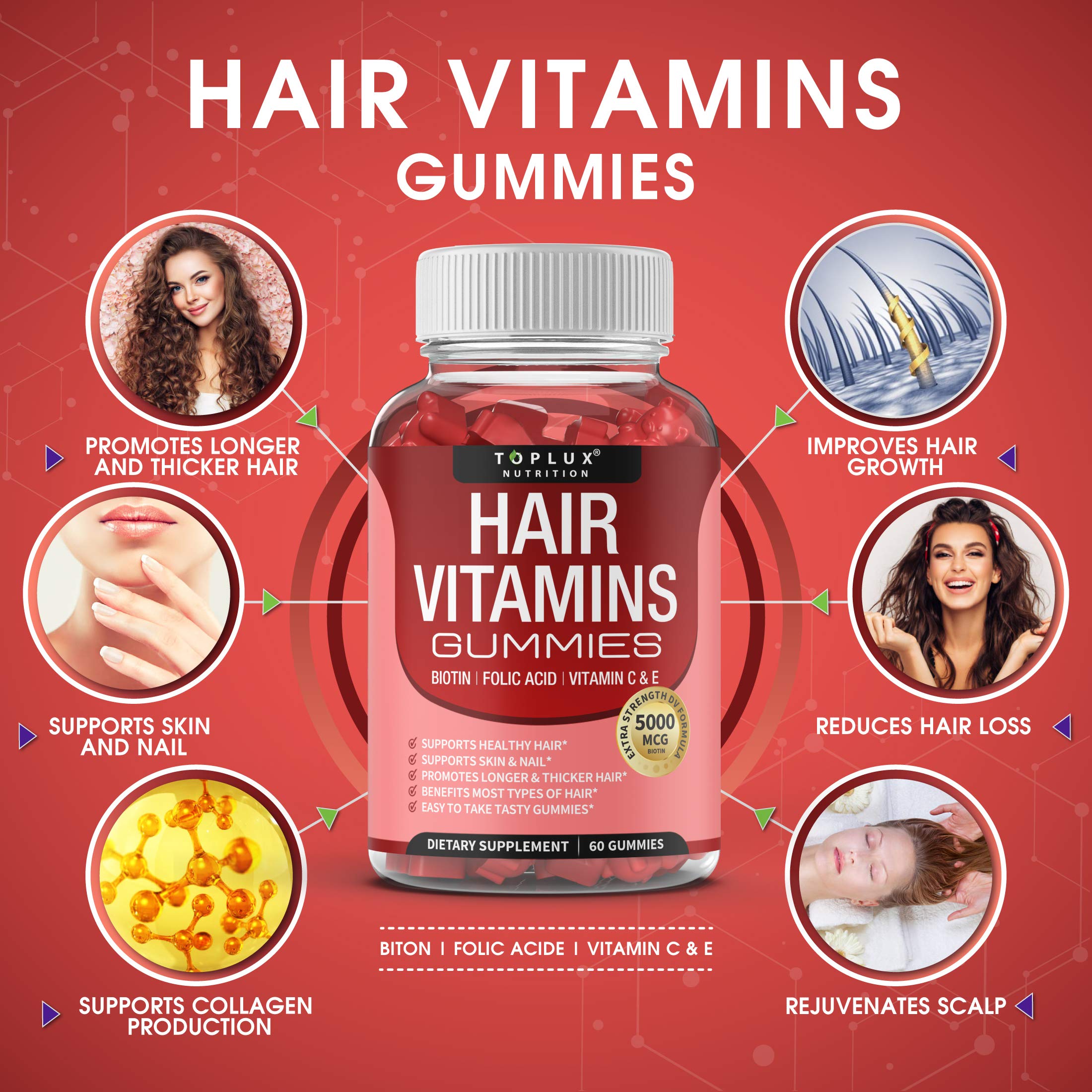 Hair Vitamin Gummies for Women & Men – Biotin 5000mcg, 60 Count | Non-GMO