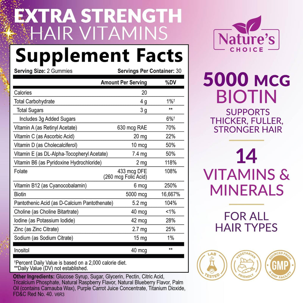Hair Vitamin Gummies – 5000 mcg Biotin, Vegetarian, Non-GMO | 60 Gummies