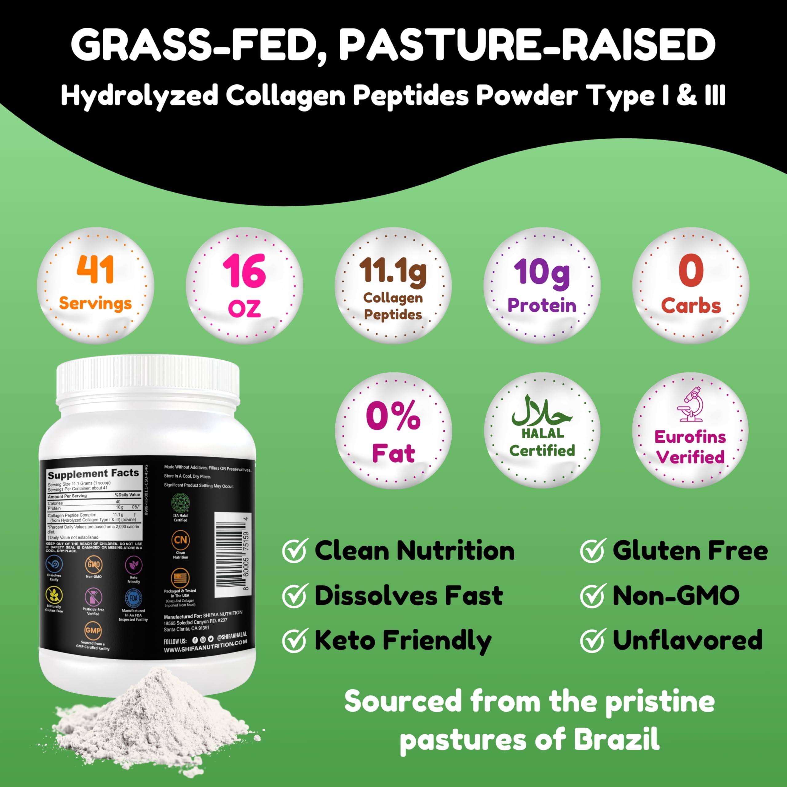 Halal Grass-Fed Collagen Peptides Powder – 1 lb Unflavored | Keto & Paleo