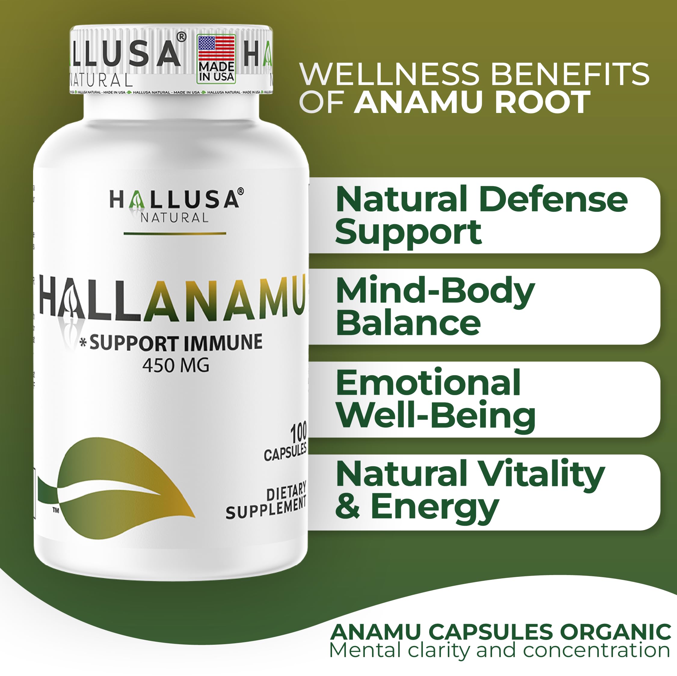 Hallusa Natural Anamu Root 450 mg – Organic Anamu Capsules (Petiveria alliacea) – Immune Support & Energy – 100 Capsules
