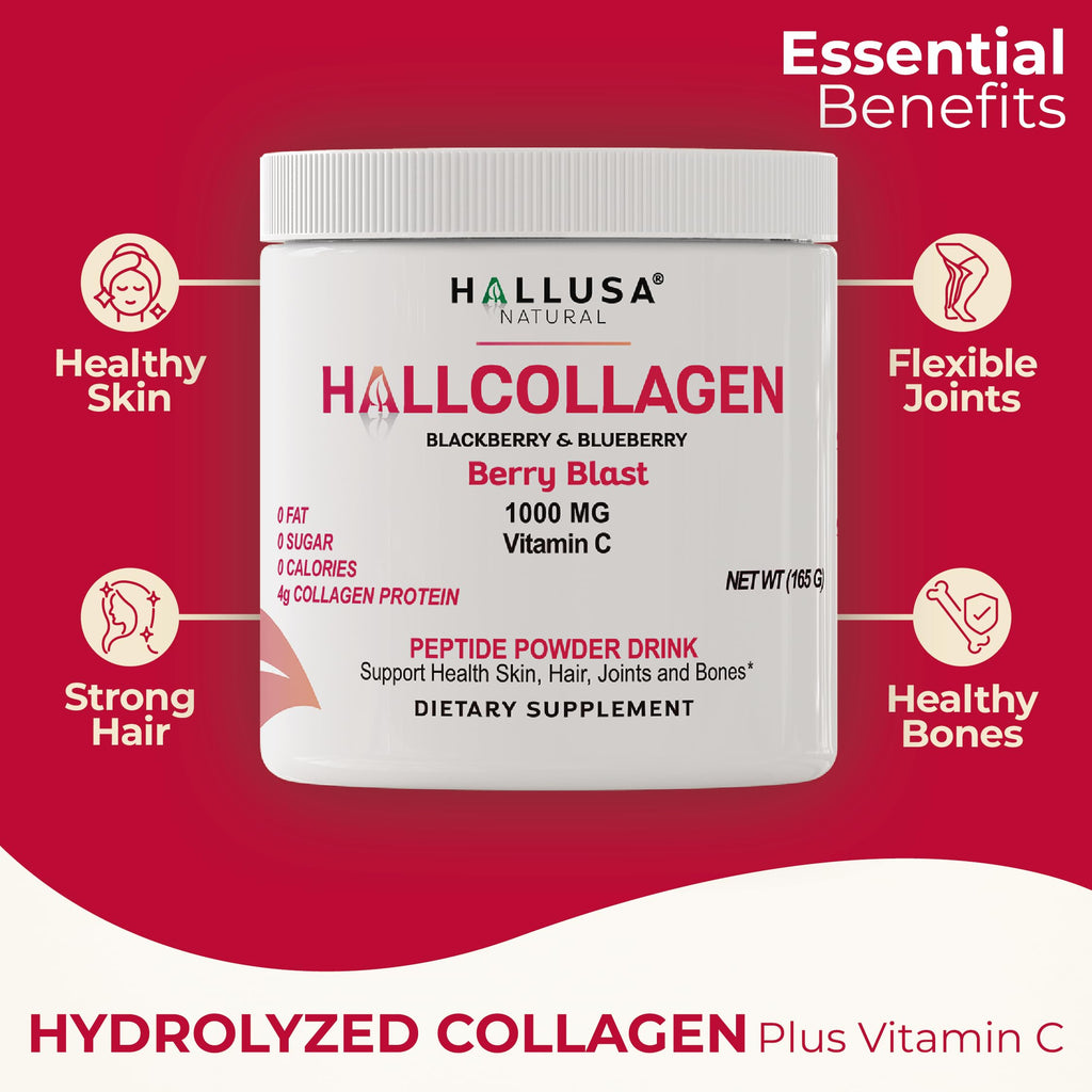 Hallusa Collagen Peptides Powder 1000mg + Vitamin C – BlackBerry & Blueberry Flavor | 4g per Serving