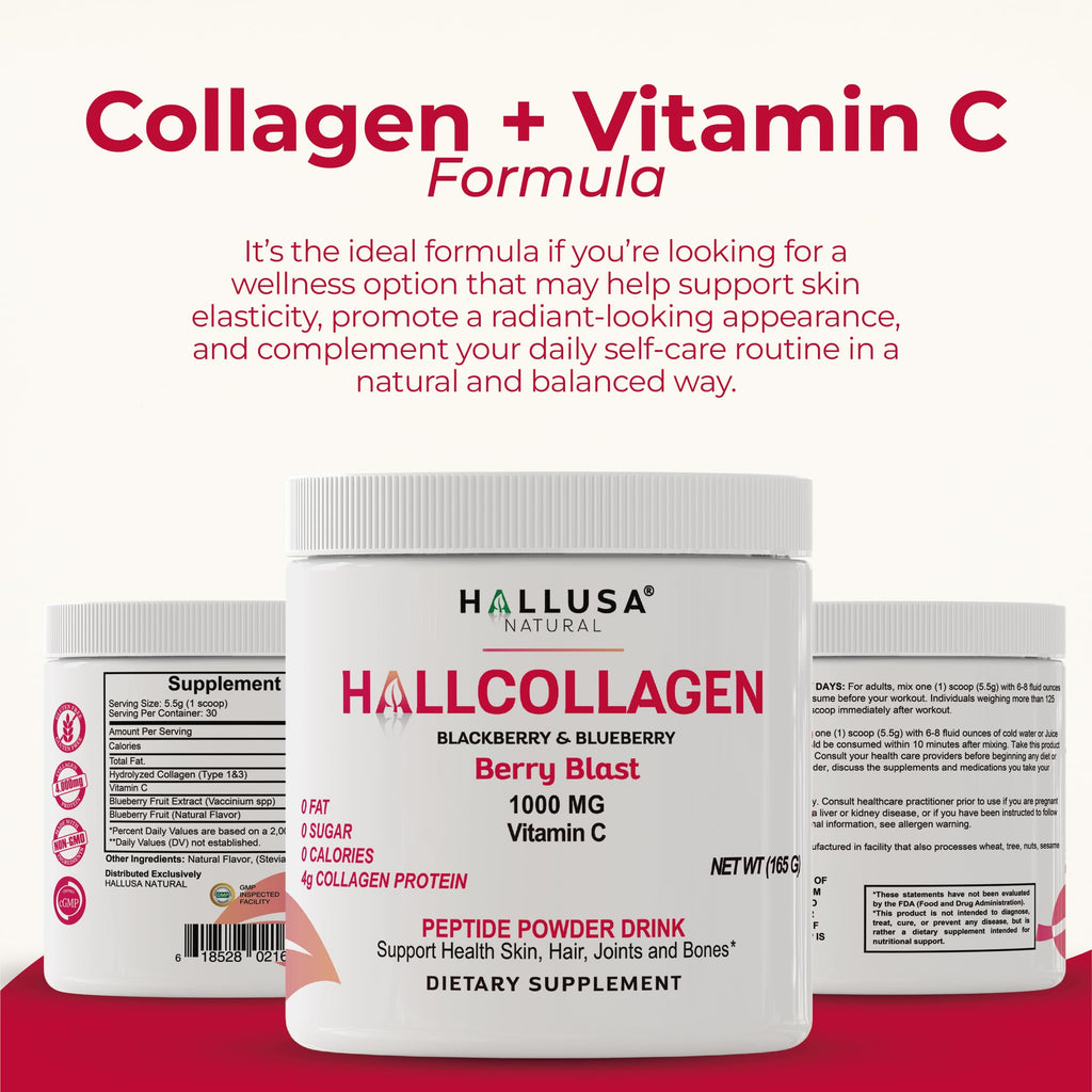 Hallusa Collagen Peptides Powder 1000mg + Vitamin C – BlackBerry & Blueberry Flavor | 4g per Serving