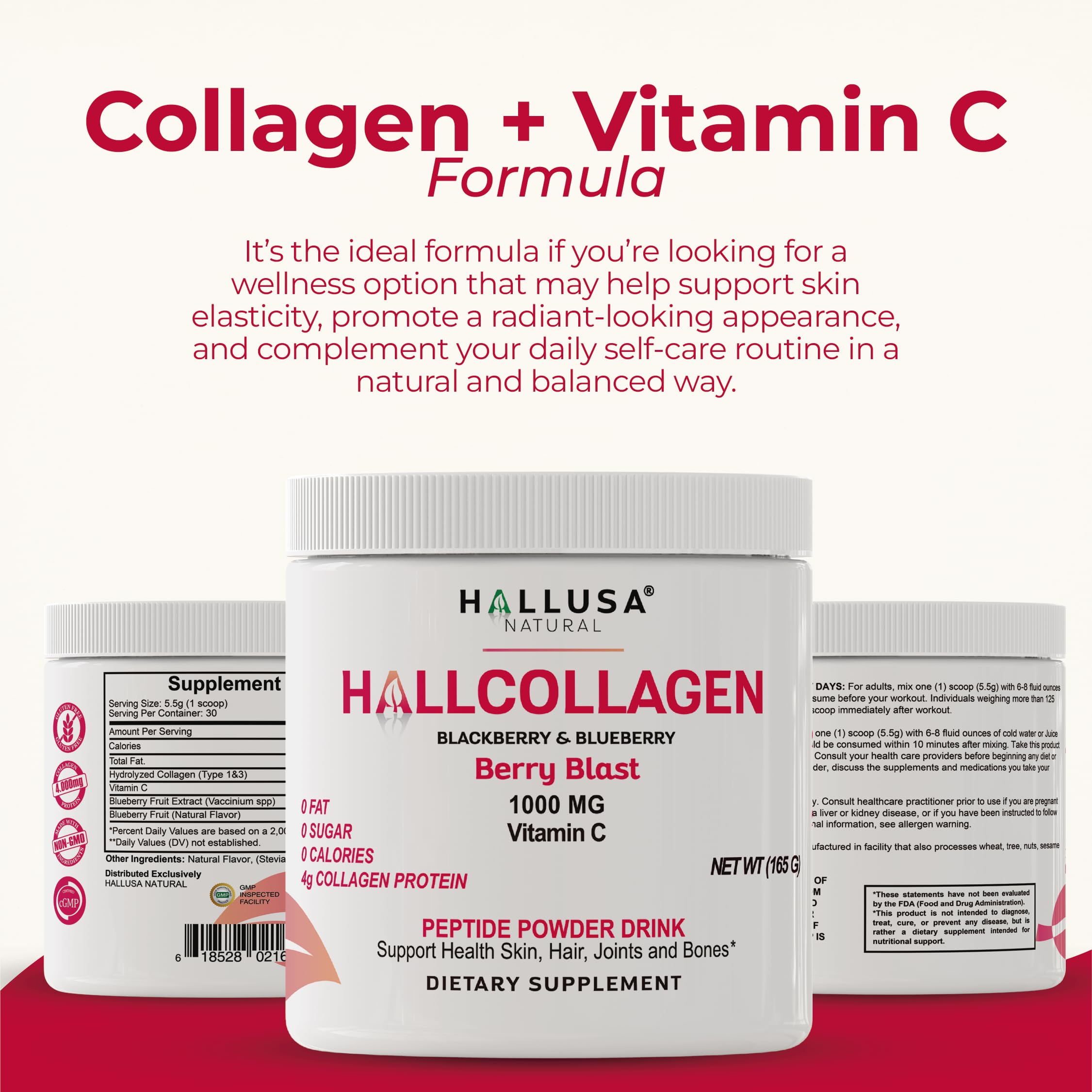 Hallusa Collagen Peptides Powder 1000mg + Vitamin C – BlackBerry & Blueberry Flavor | 4g per Serving